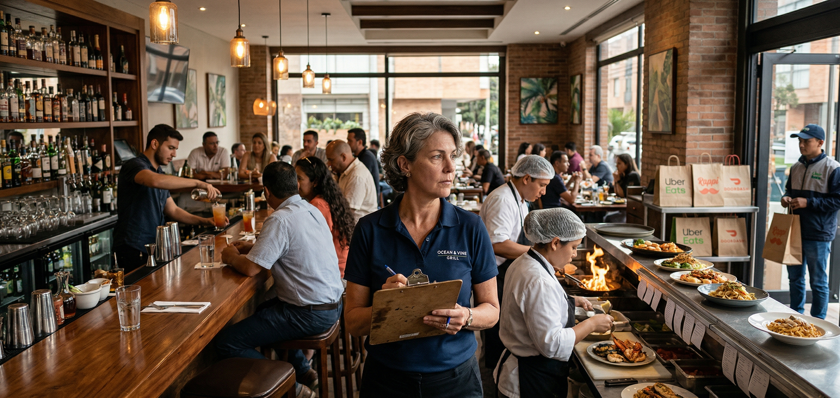 Florida restaurant owner reviewing a business model with multiple operations, illustrating restaurant insurance does not match operations