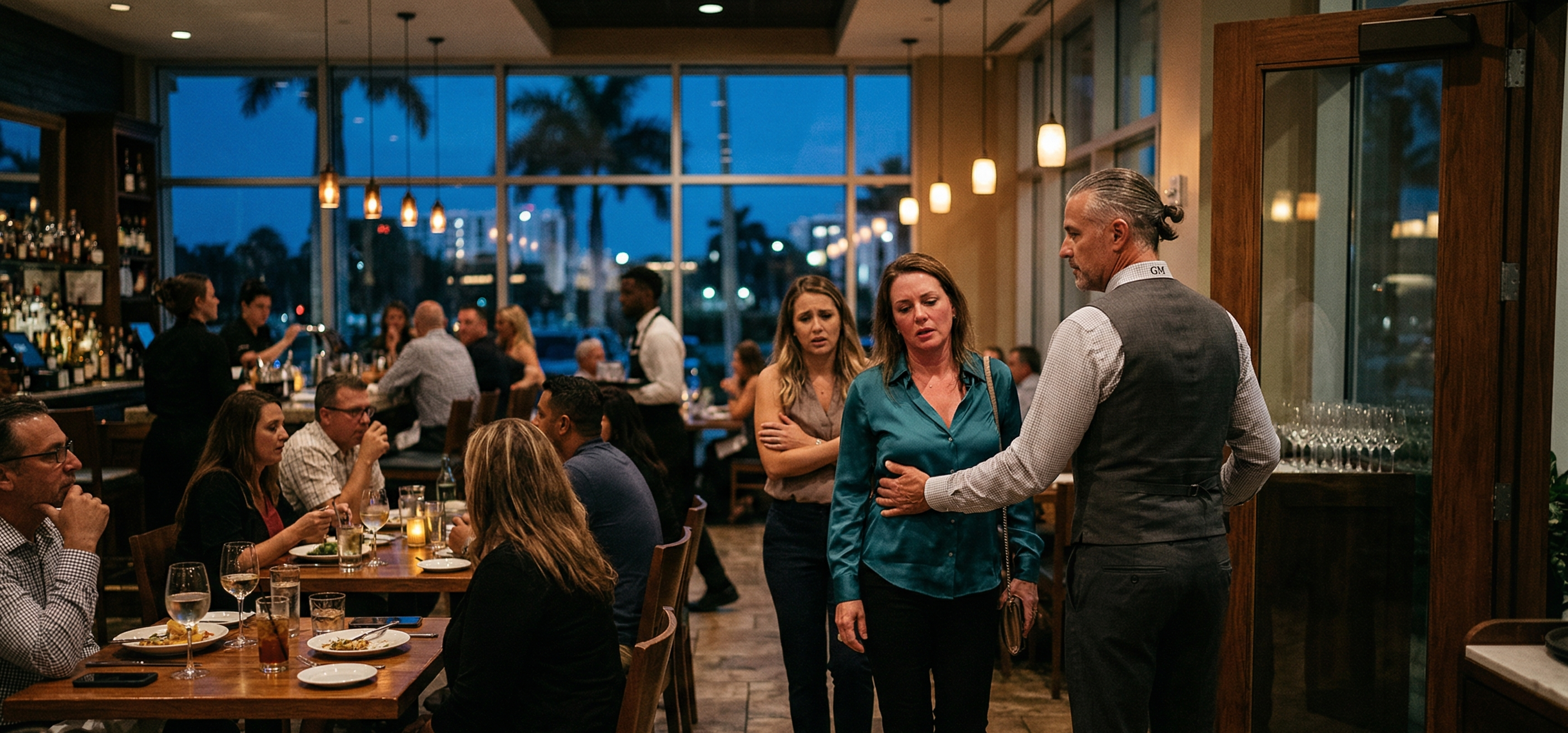 Restaurant manager responding to an intoxicated patron, illustrating alcohol liability insurance for restaurants and service risk