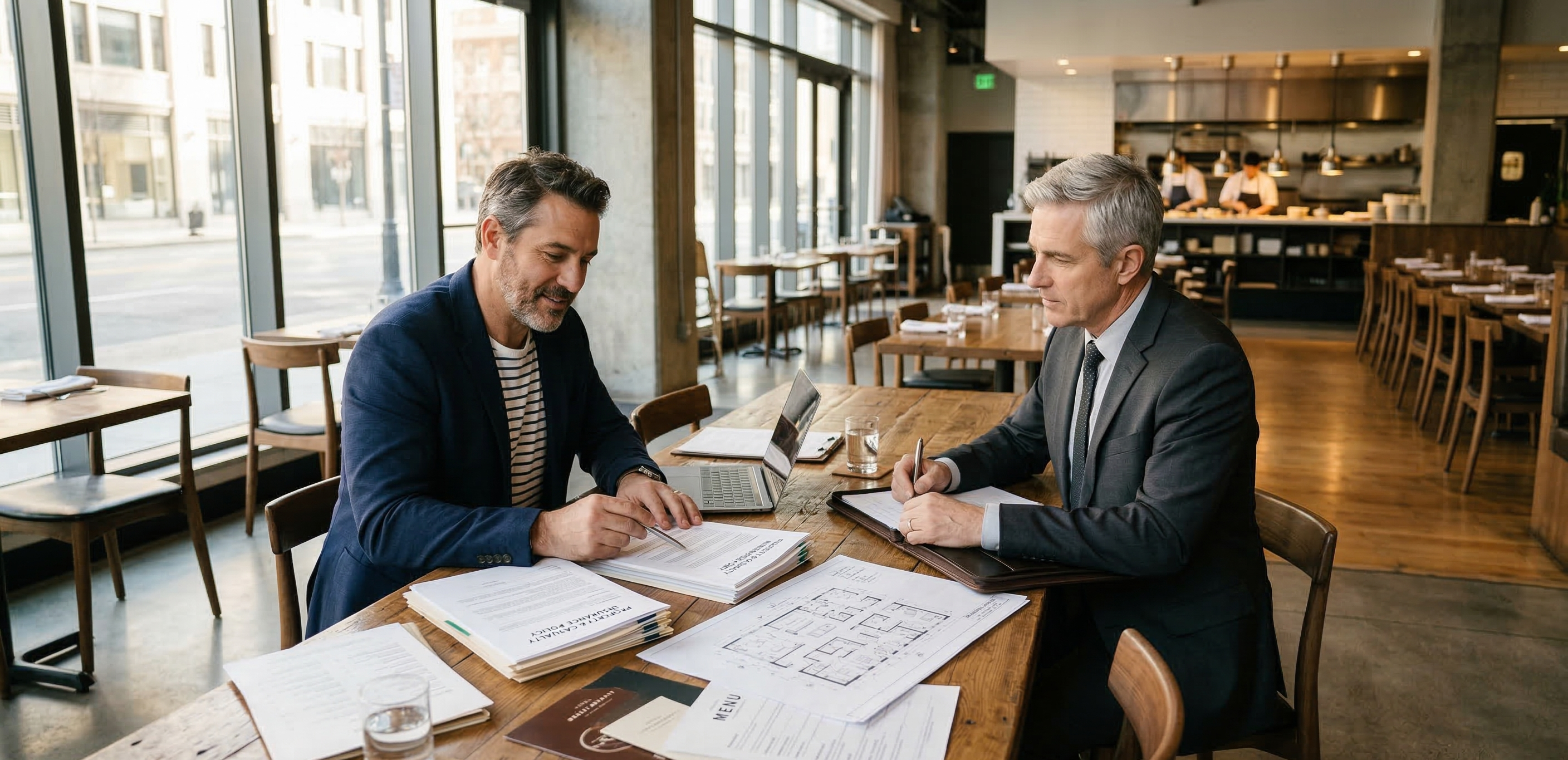 Restaurant owner reviewing multiple insurance coverages with an advisor to assess general liability, workers’ compensation, and broader restaurant risk