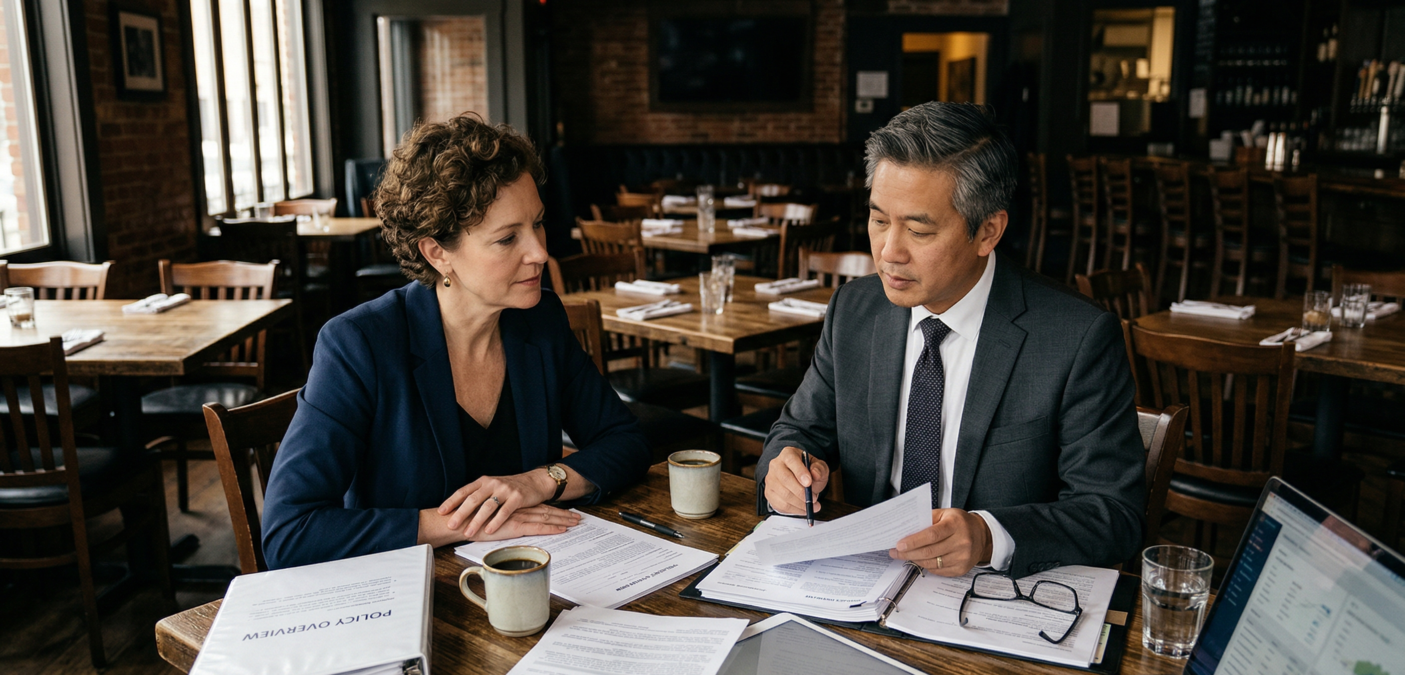 Restaurant owner reviewing workers’ compensation coverage for part-time staff with an insurance advisor in Florida