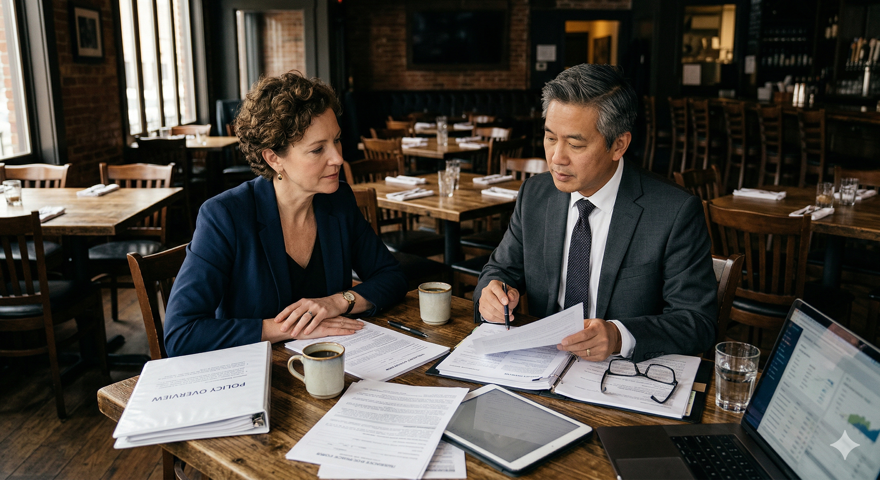 Restaurant owner reviewing liability coverage after a customer slip-and-fall restaurant claim with an insurance advisor
