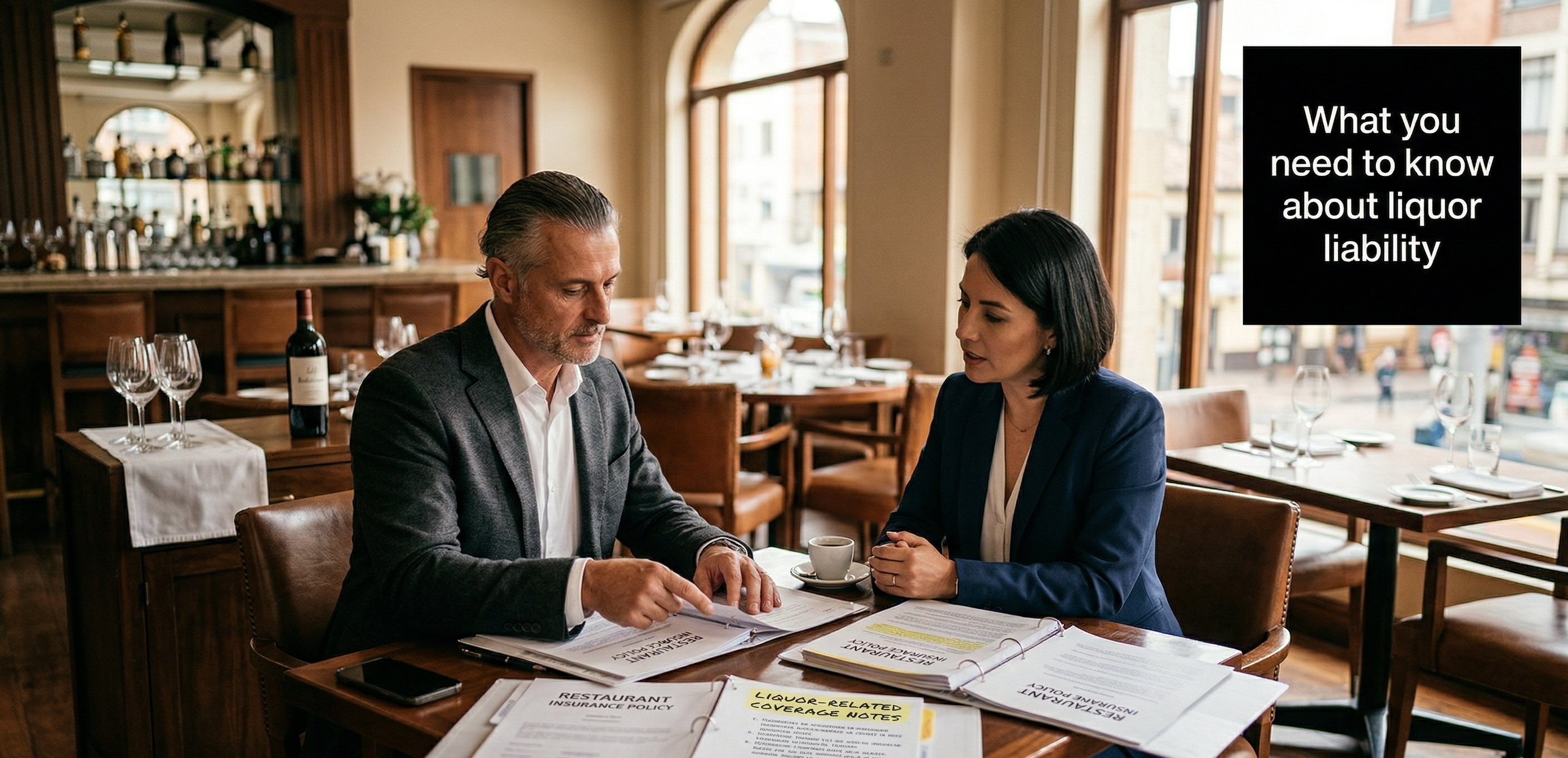 Restaurant owner reviewing liquor liability insurance coverage with an advisor in Florida