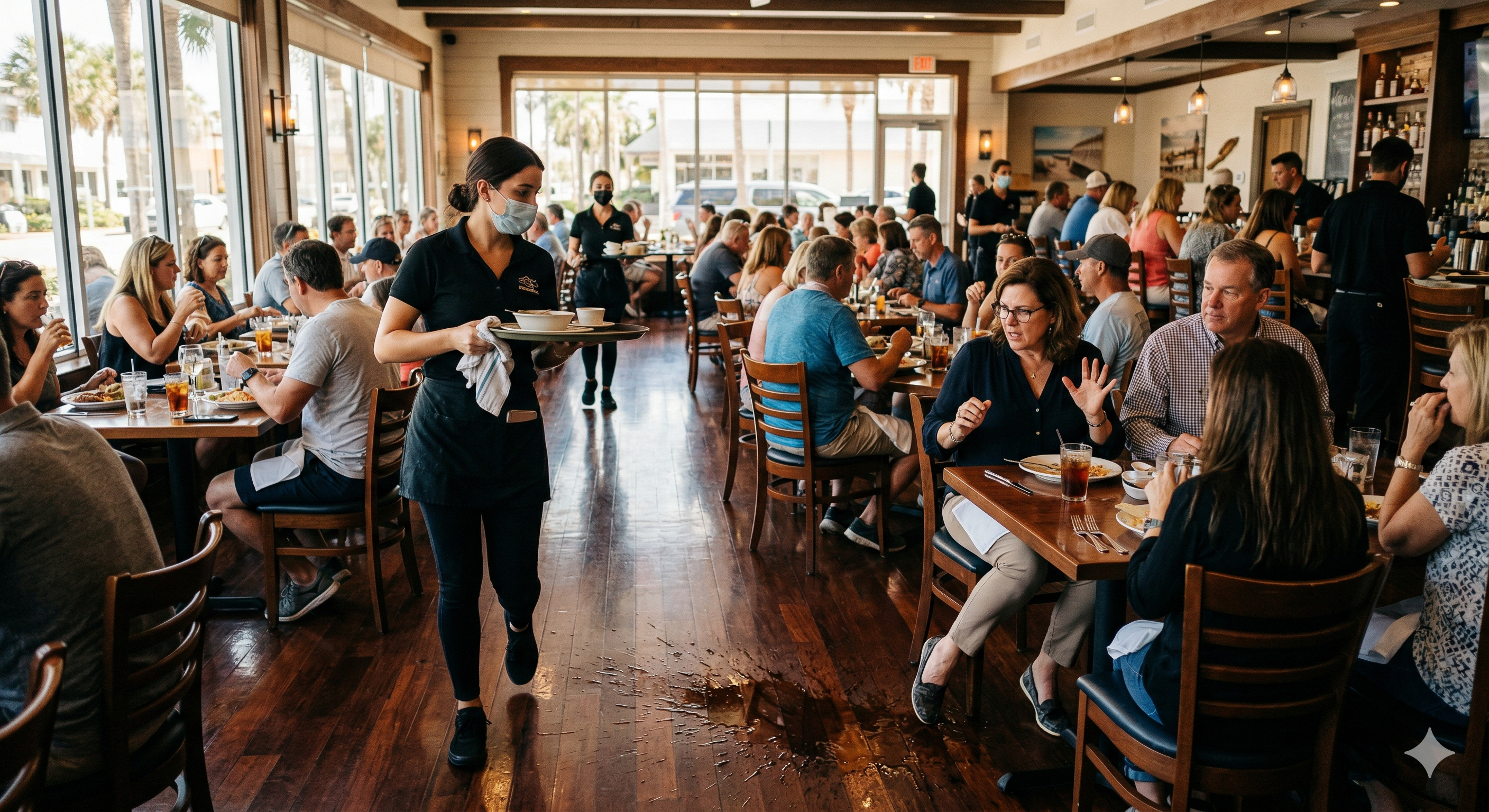 Customer slip-and-fall restaurant claim risk in a busy Florida dining room with a spilled drink on the floor