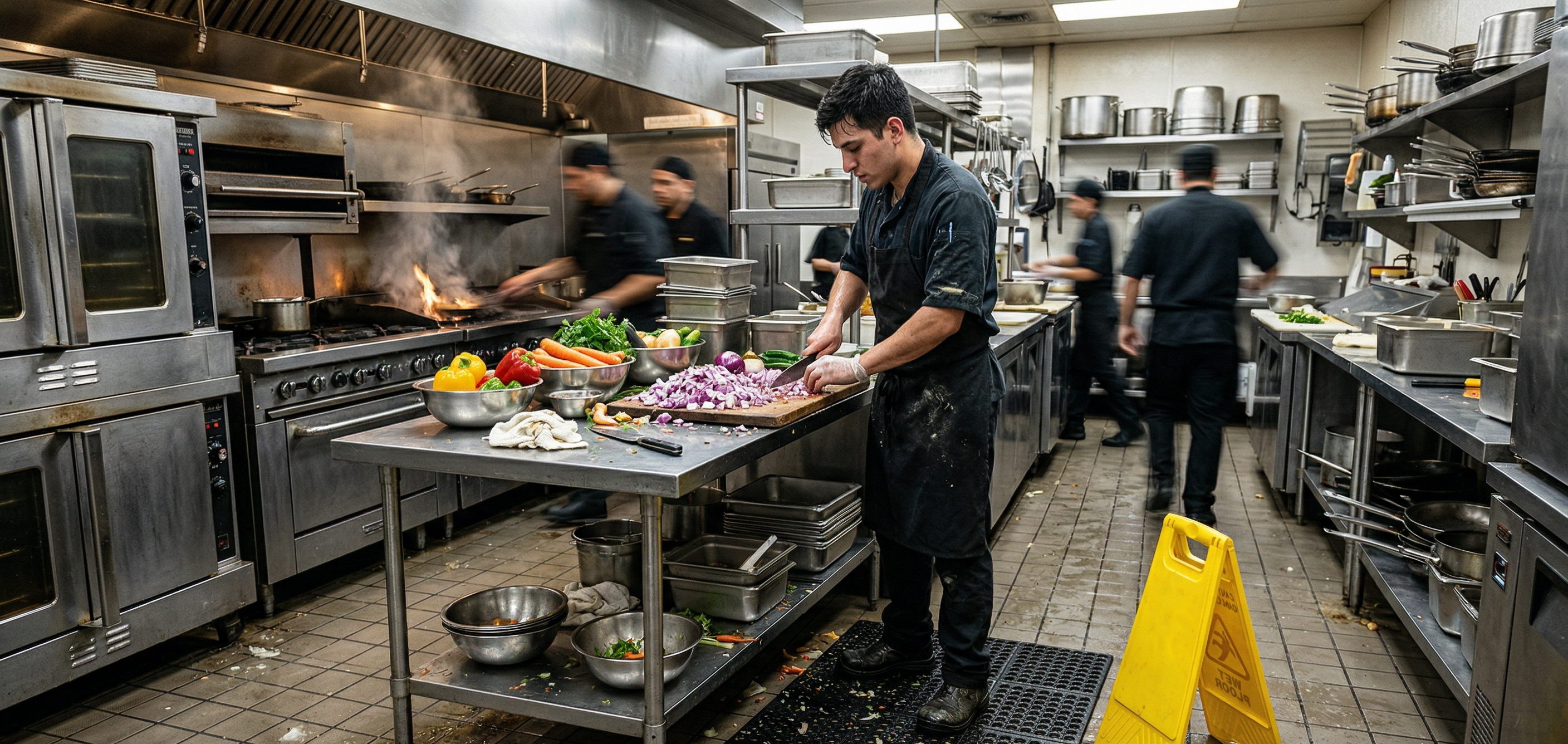 Part-time restaurant prep worker in a kitchen environment with slip and cut hazards relevant to workers’ compensation coverage