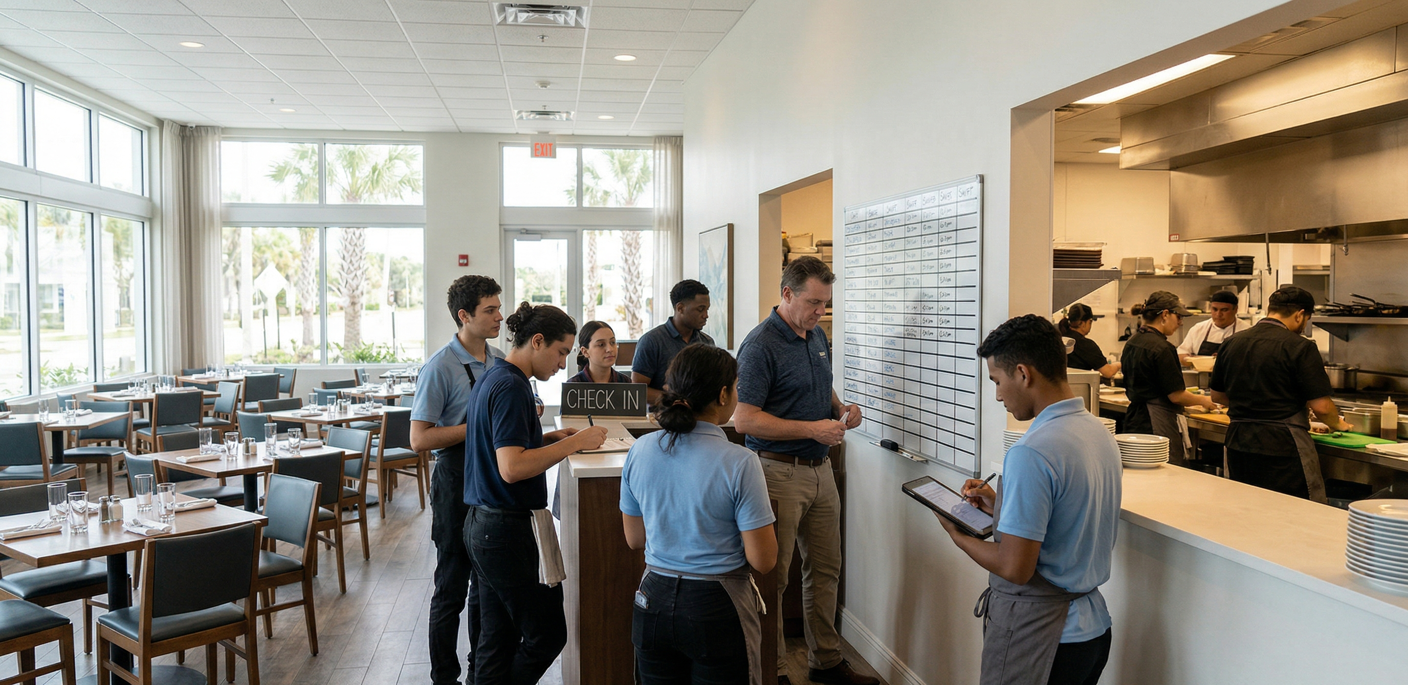 Florida restaurant manager reviewing a schedule with part-time staff, illustrating workers’ compensation for part-time restaurant staff in Florida
