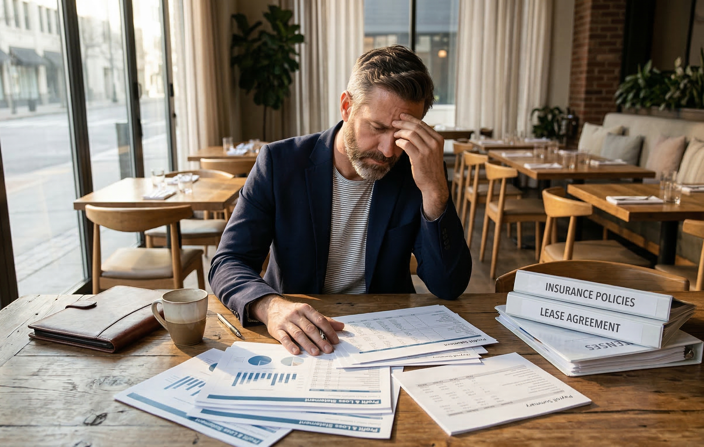 Restaurant owner reviewing financial and insurance documents during a closure period to manage business interruption risk