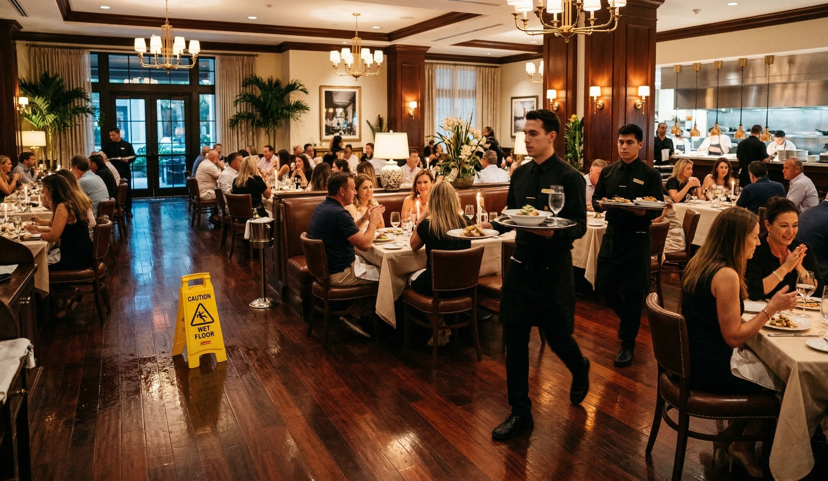 Florida restaurant dining room showing active service and a potential slip hazard relevant to general liability insurance for restaurants