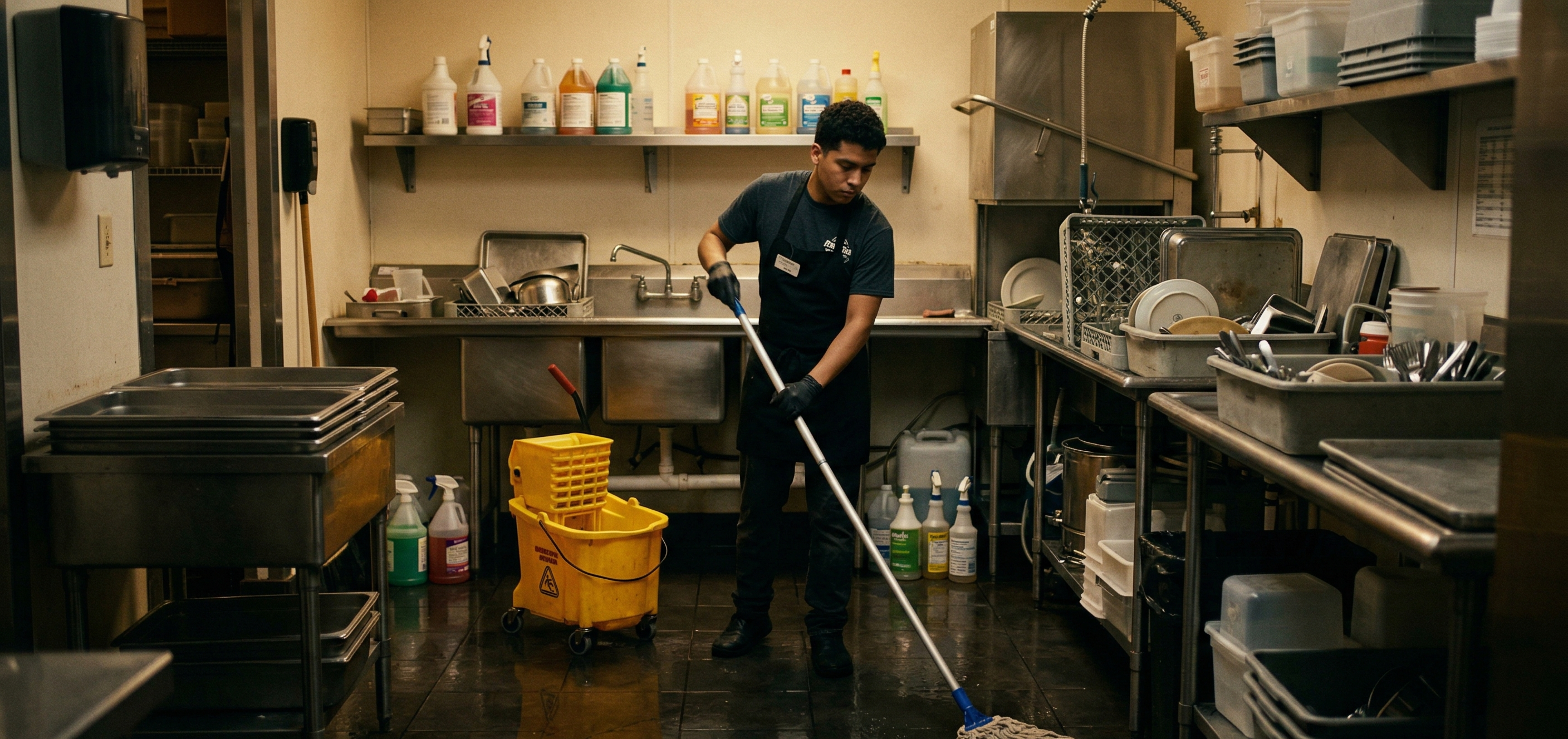 Part-time restaurant employee cleaning a wet floor at closing time, illustrating injury exposure and workers’ compensation risk