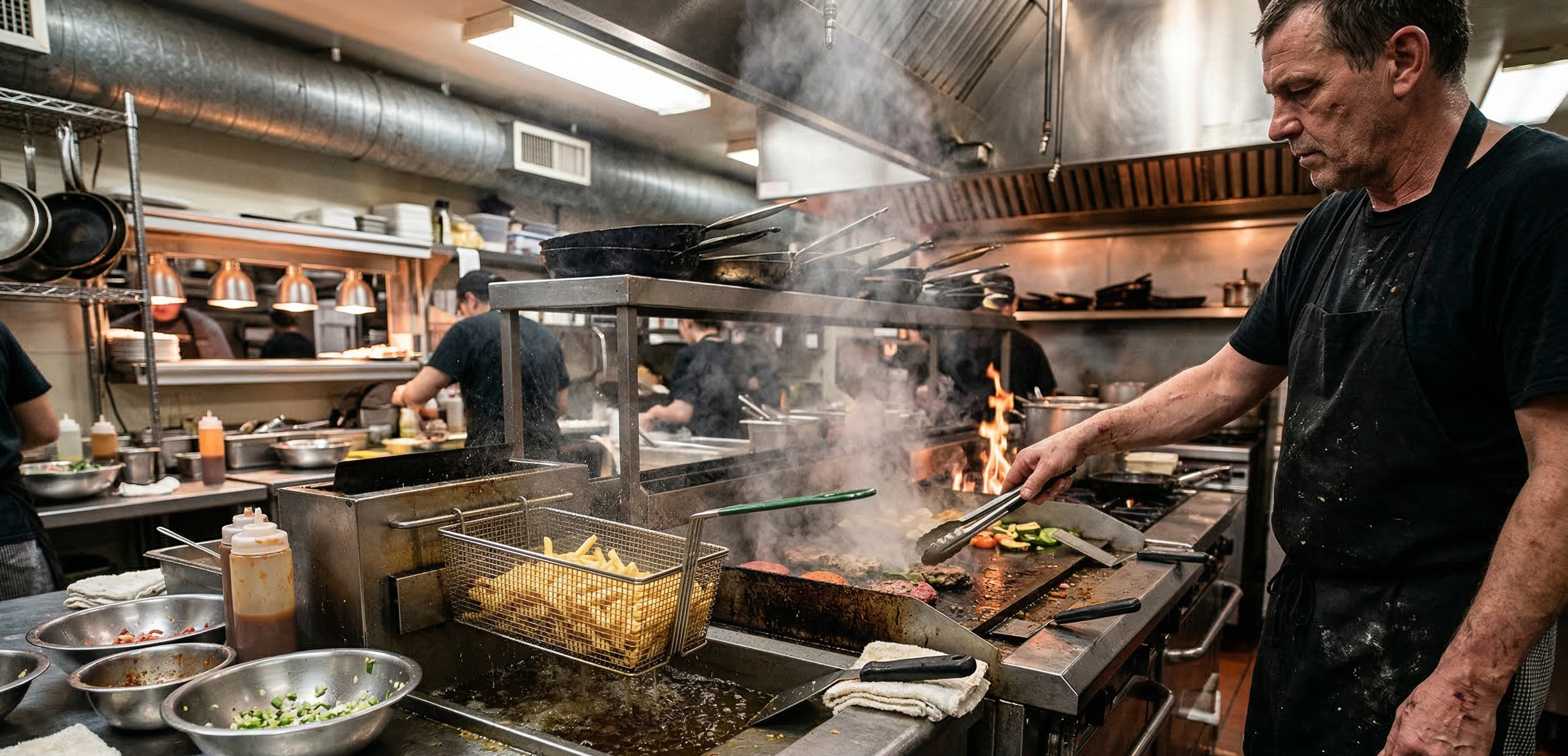 Busy restaurant kitchen with hot cooking equipment showing workplace hazards that are not fully covered by general liability insurance for restaurants