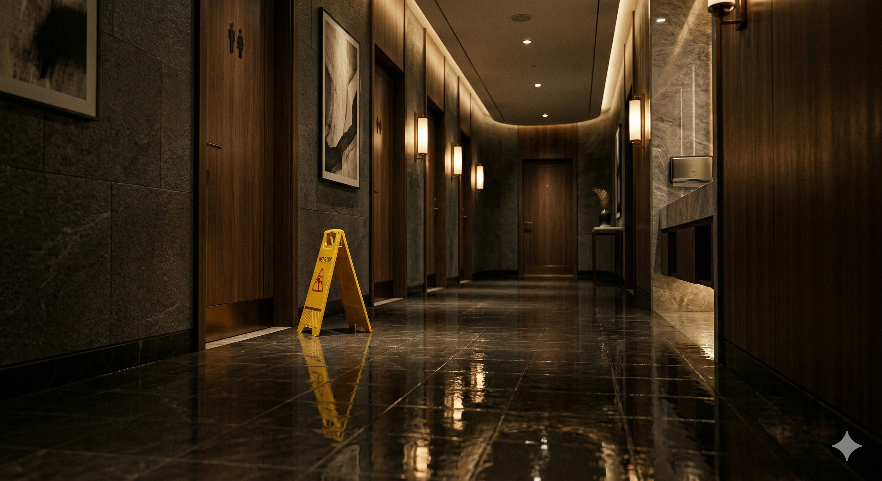 Wet restaurant floor after cleaning with warning sign, illustrating a restaurant slip-and-fall claim scenario