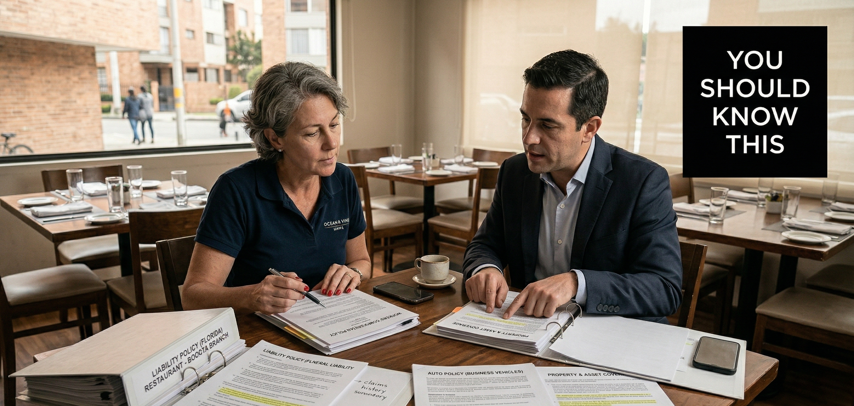 Restaurant owner reviewing liability, workers’ compensation, auto, and property coverage with an advisor