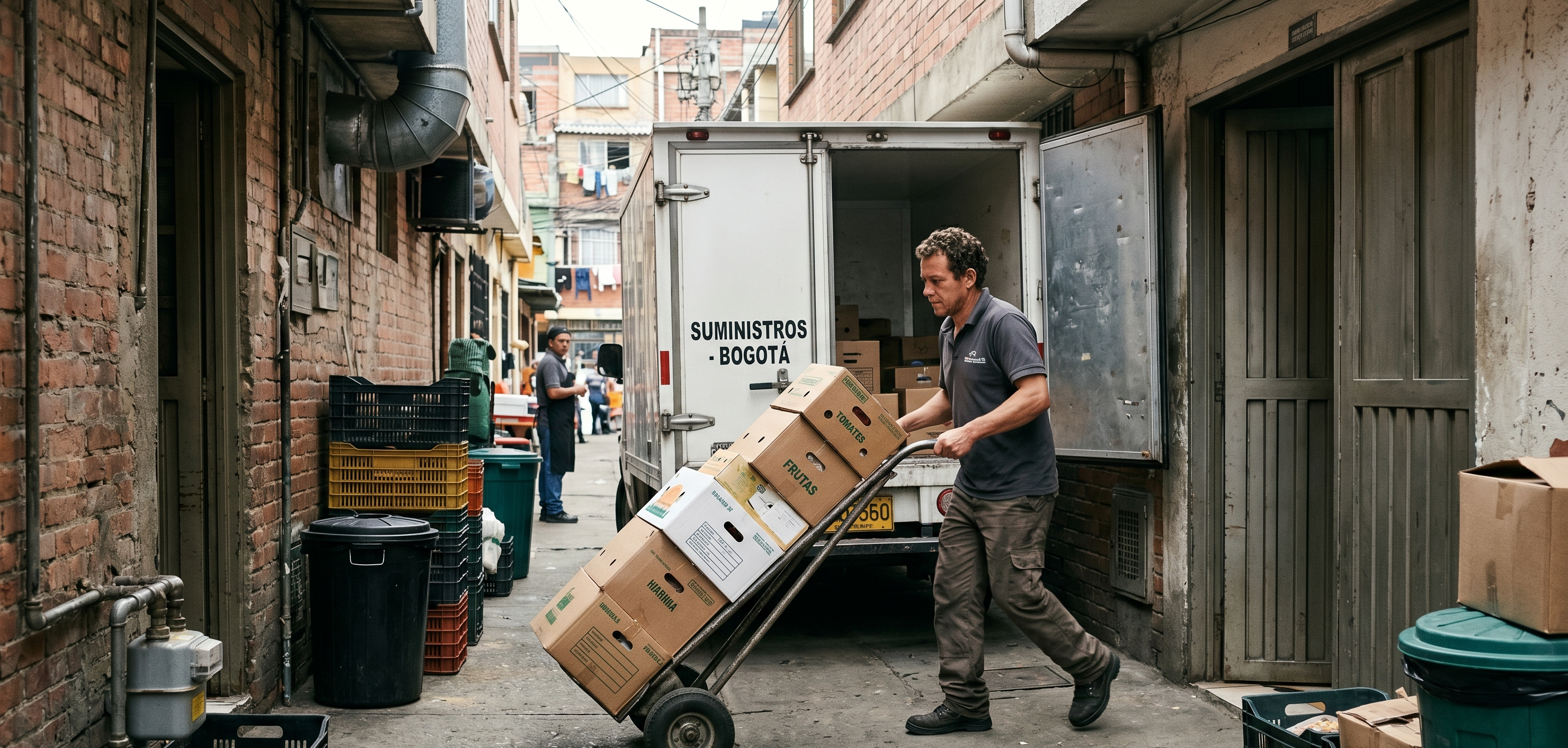 Restaurant worker unloading supply boxes at a back delivery entrance