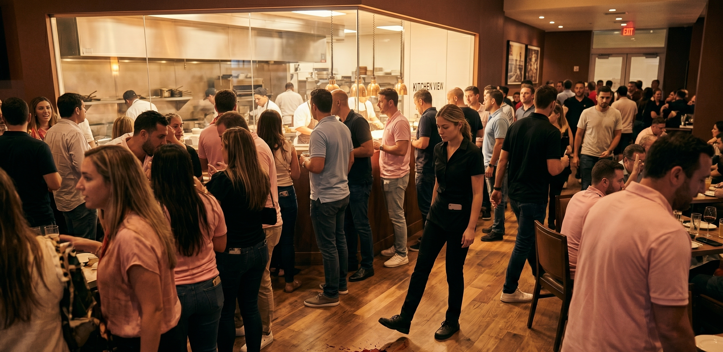 Crowded restaurant floor with a spill hazard near customers during busy service