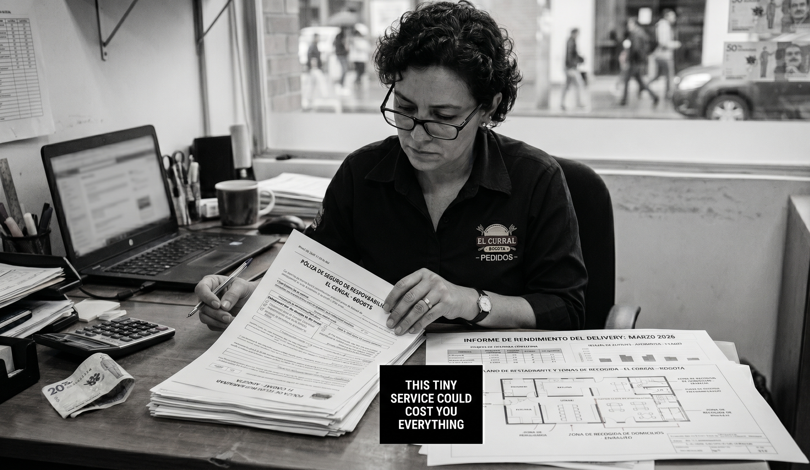 Restaurant manager reviewing delivery operations and insurance documents