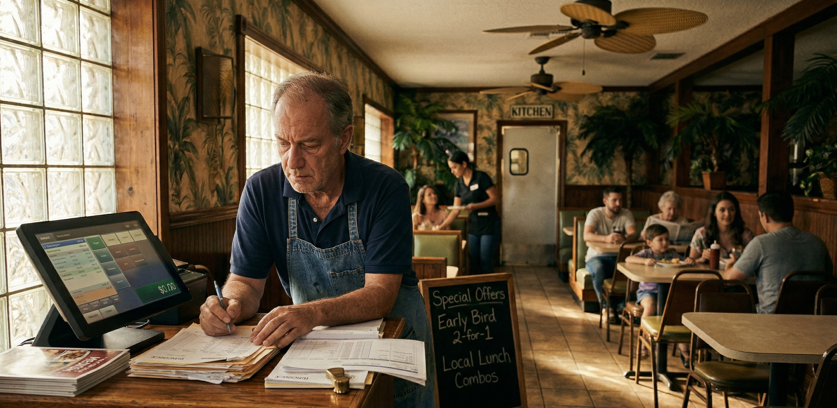 Florida restaurant owner reviewing sales during a recession, illustrating whether restaurants are good businesses to own during a recession
