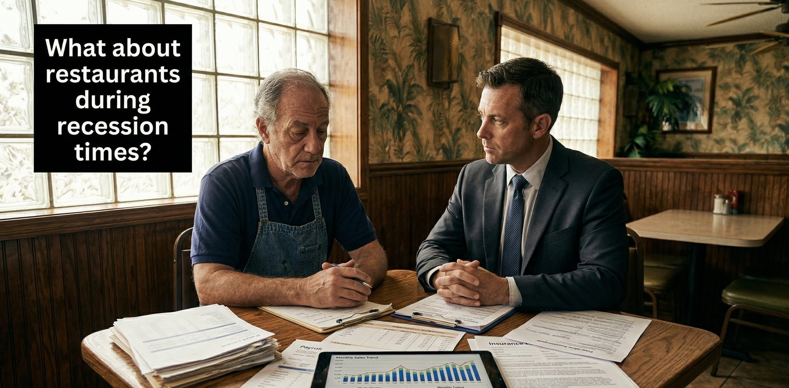 Restaurant owner reviewing cash flow and insurance strategy to determine whether a restaurant is a good business during a recession
