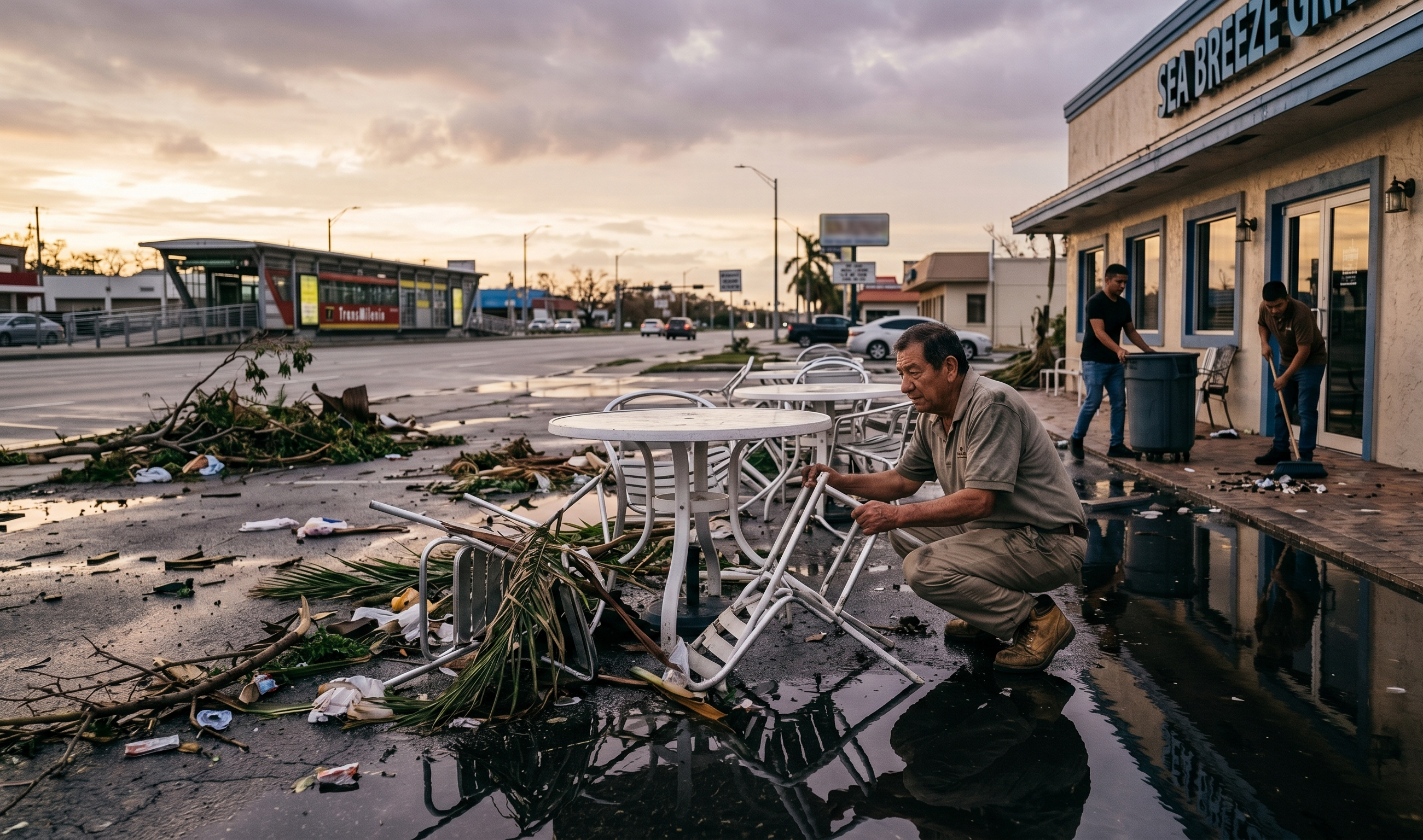 Restaurant owner assessing storm damage and cleanup after a hurricane in Florida
