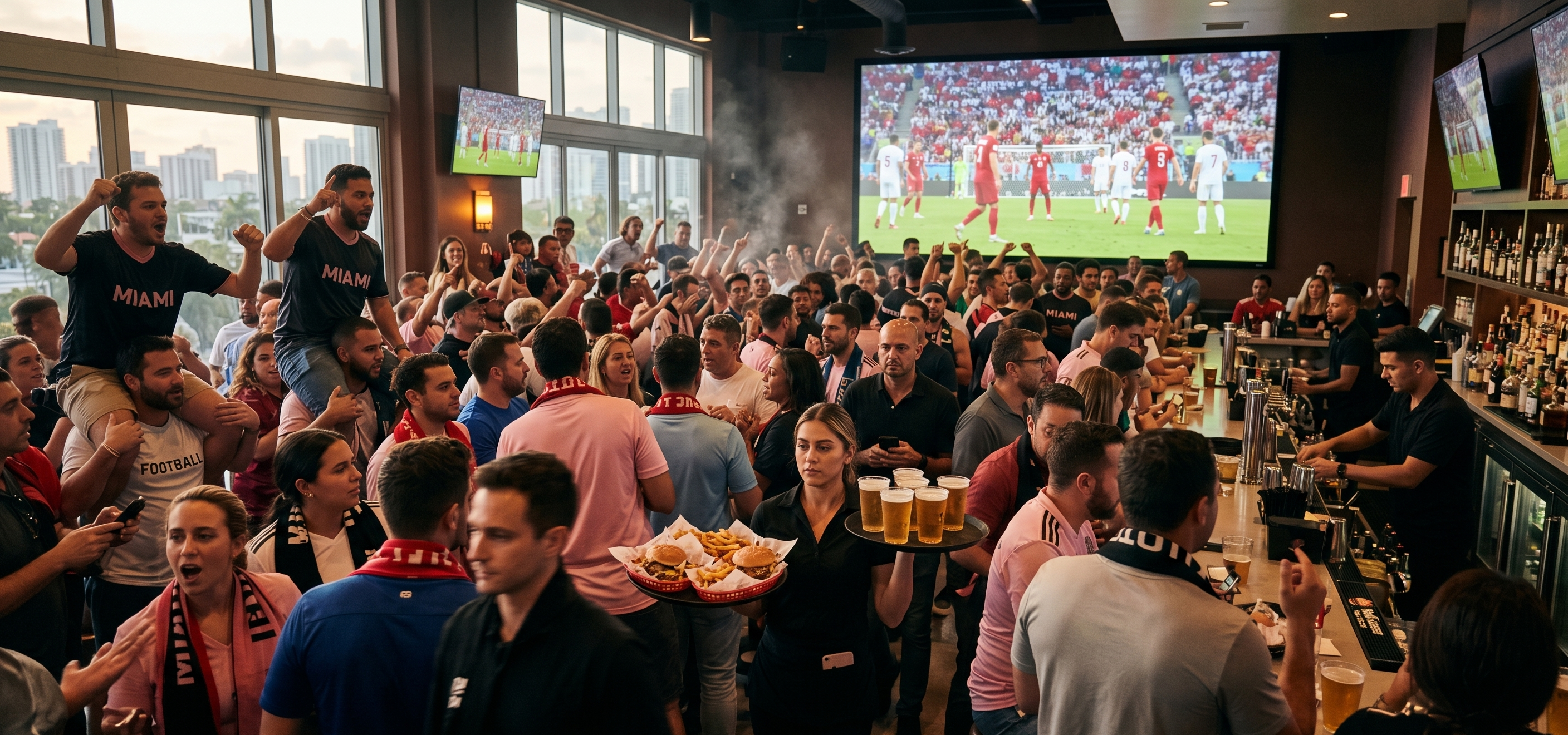 Busy Miami sports bar serving match-day customers during a major soccer event