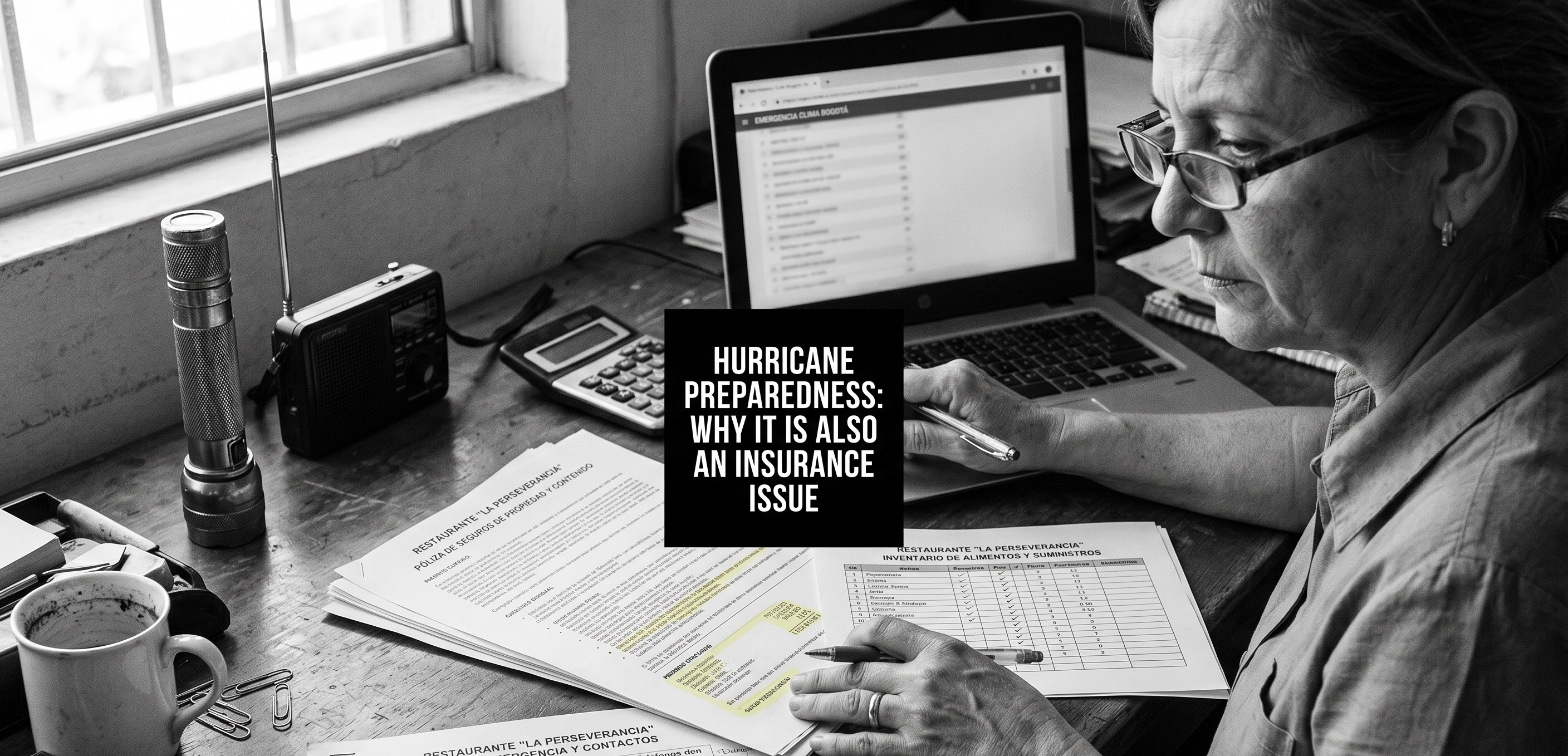 Restaurant manager reviewing insurance and emergency plans before storm season
