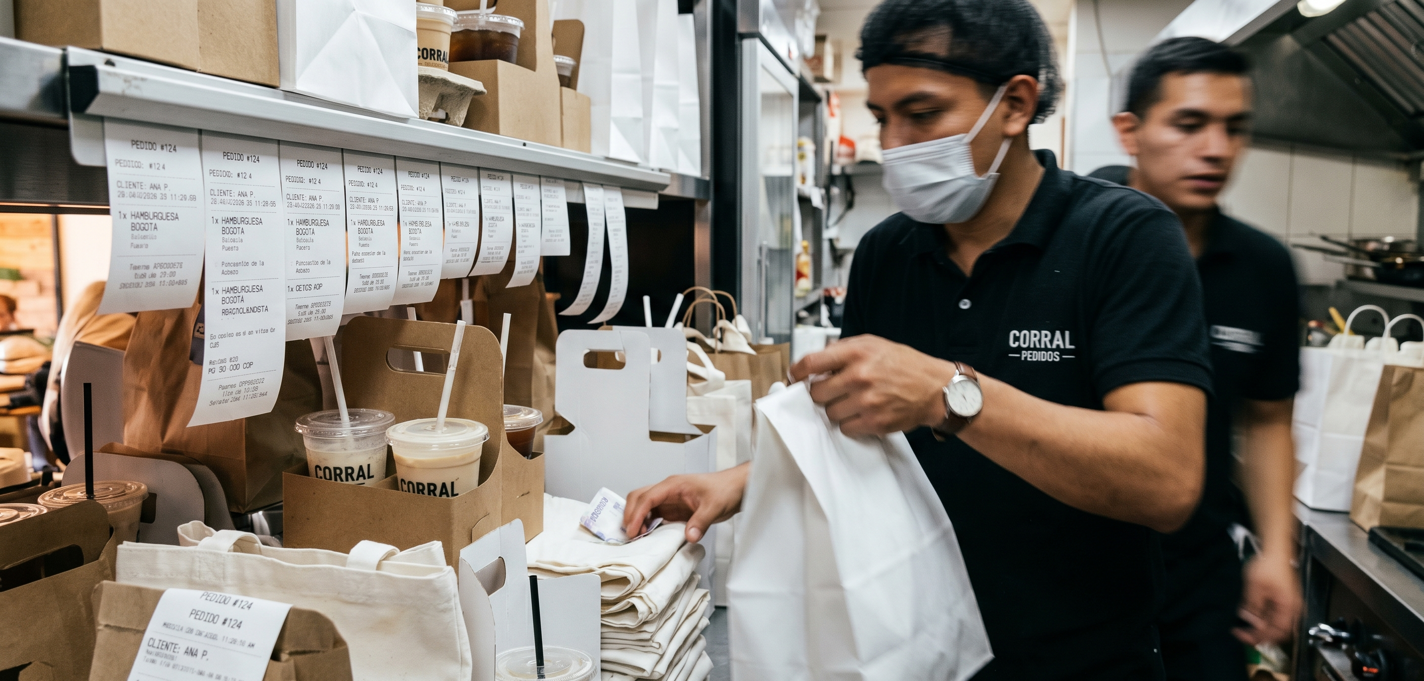 Crowded restaurant pickup station with stacked delivery bags and drink carriers