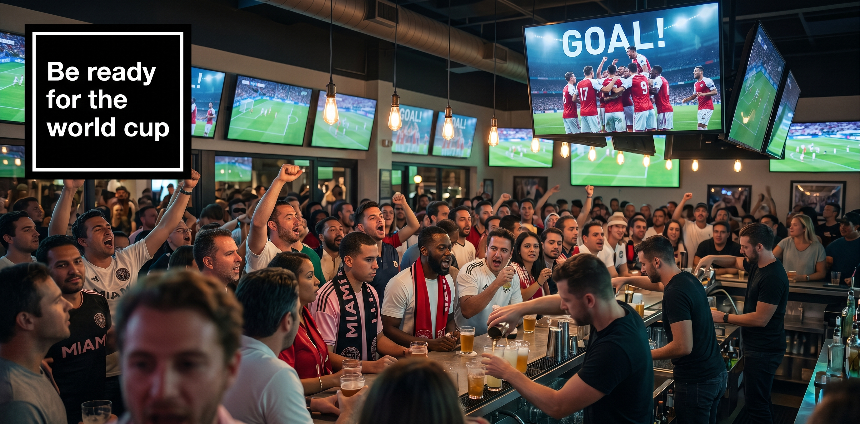 Crowded sports bar in Miami during a major soccer match