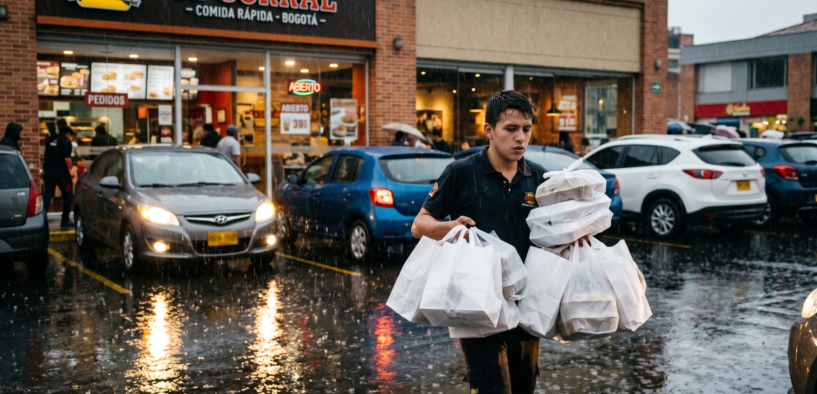Restaurant employee carrying takeout orders through a rainy parking lot