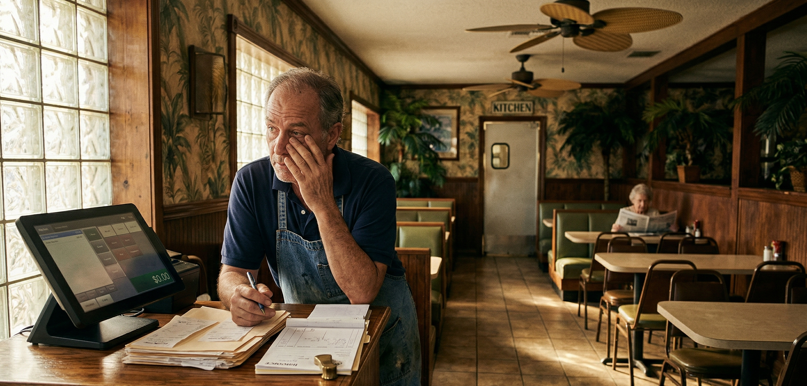 Florida restaurant owner in a quiet dining room illustrating why restaurants in Florida go out of business
