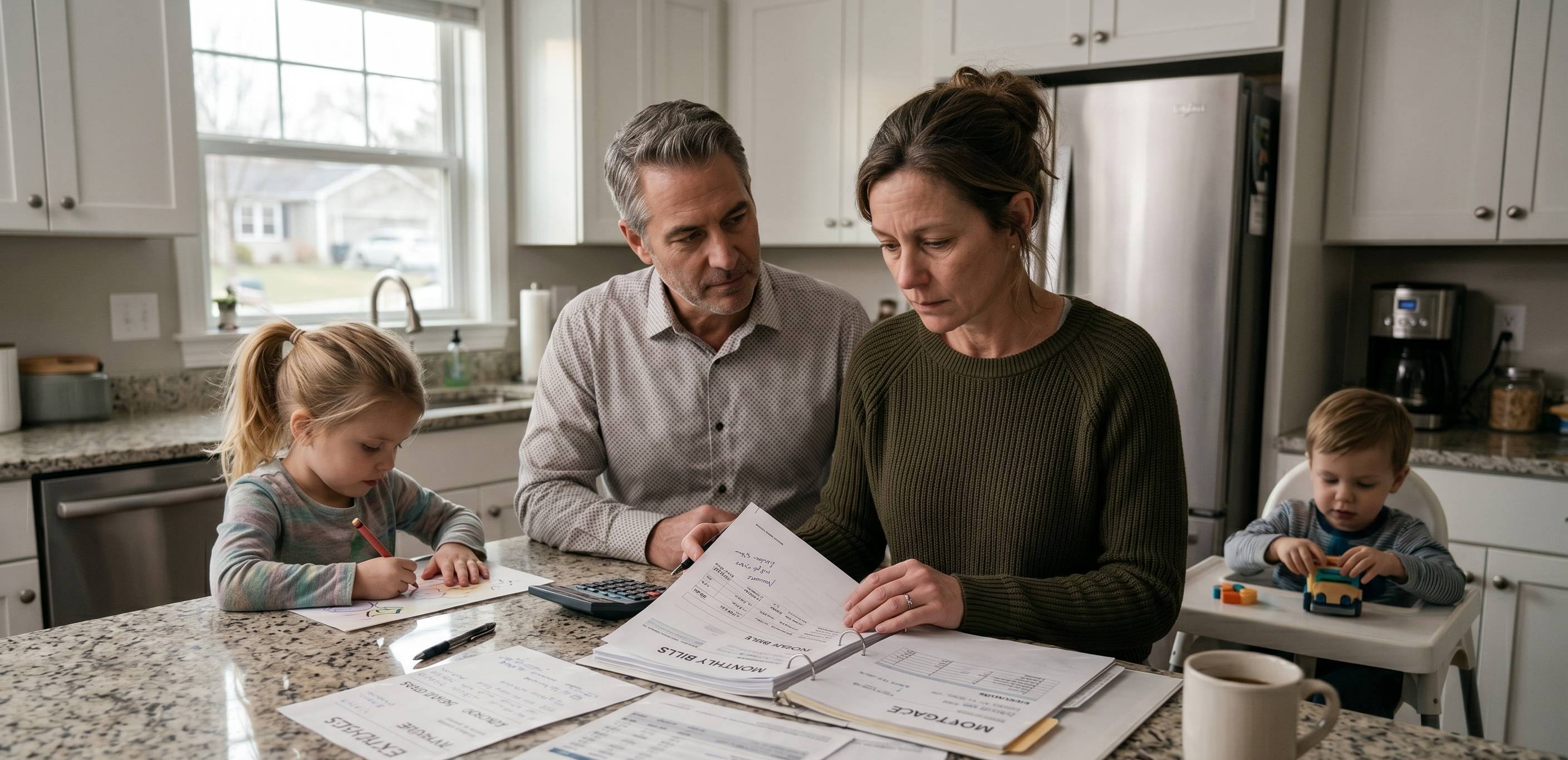 Family reviewing household bills in a single-income home
