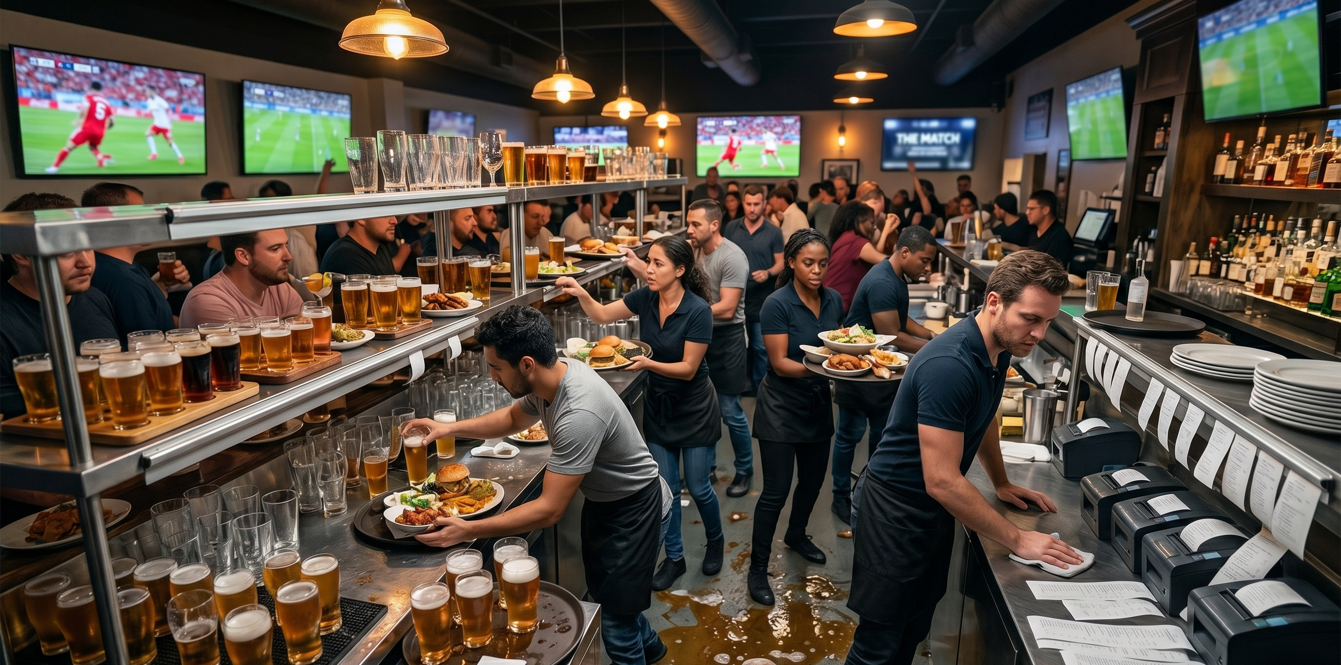 Sports bar staff working under pressure during a high-volume event rush