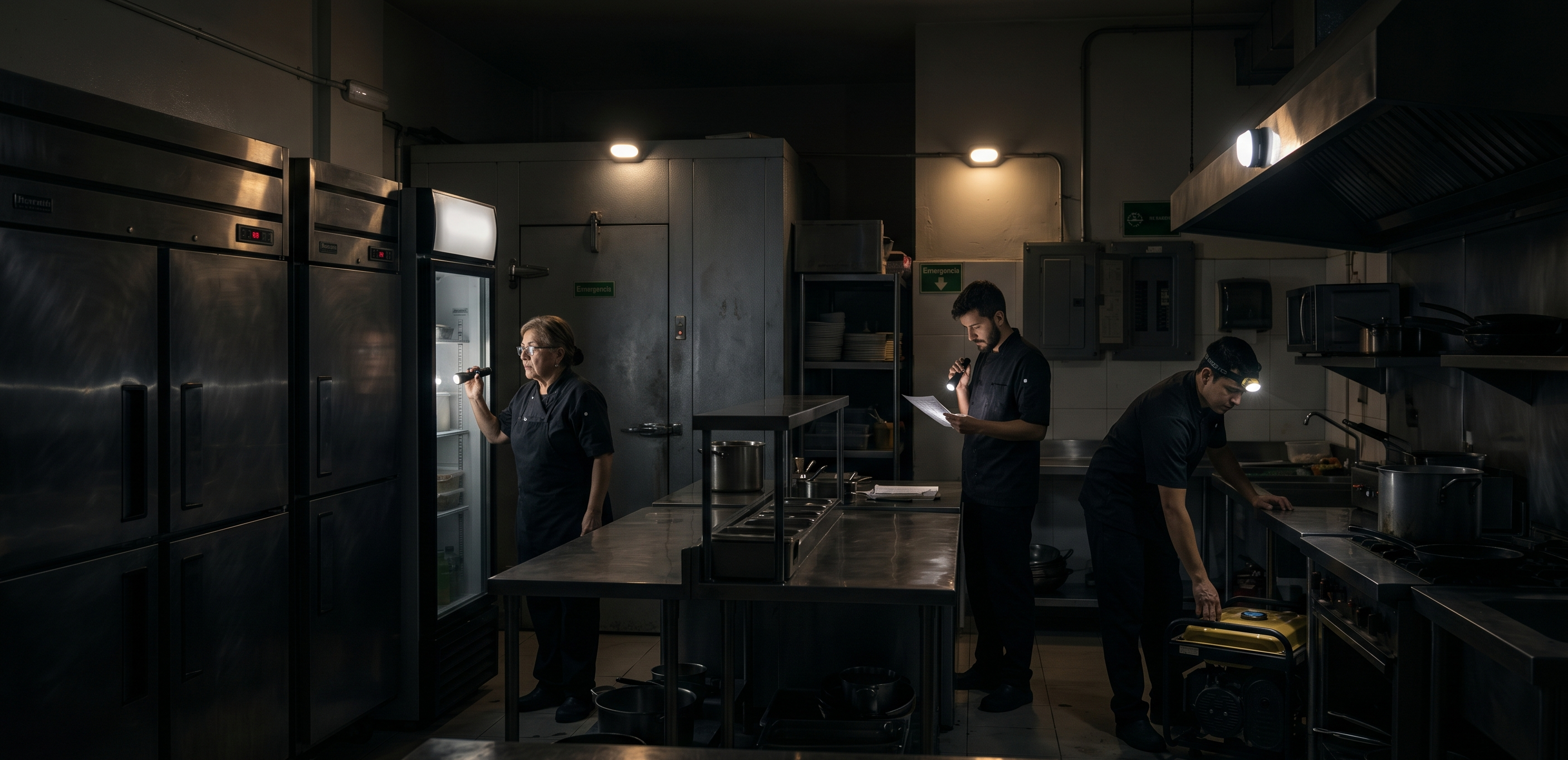Restaurant kitchen during a power outage with staff checking refrigeration and emergency lighting