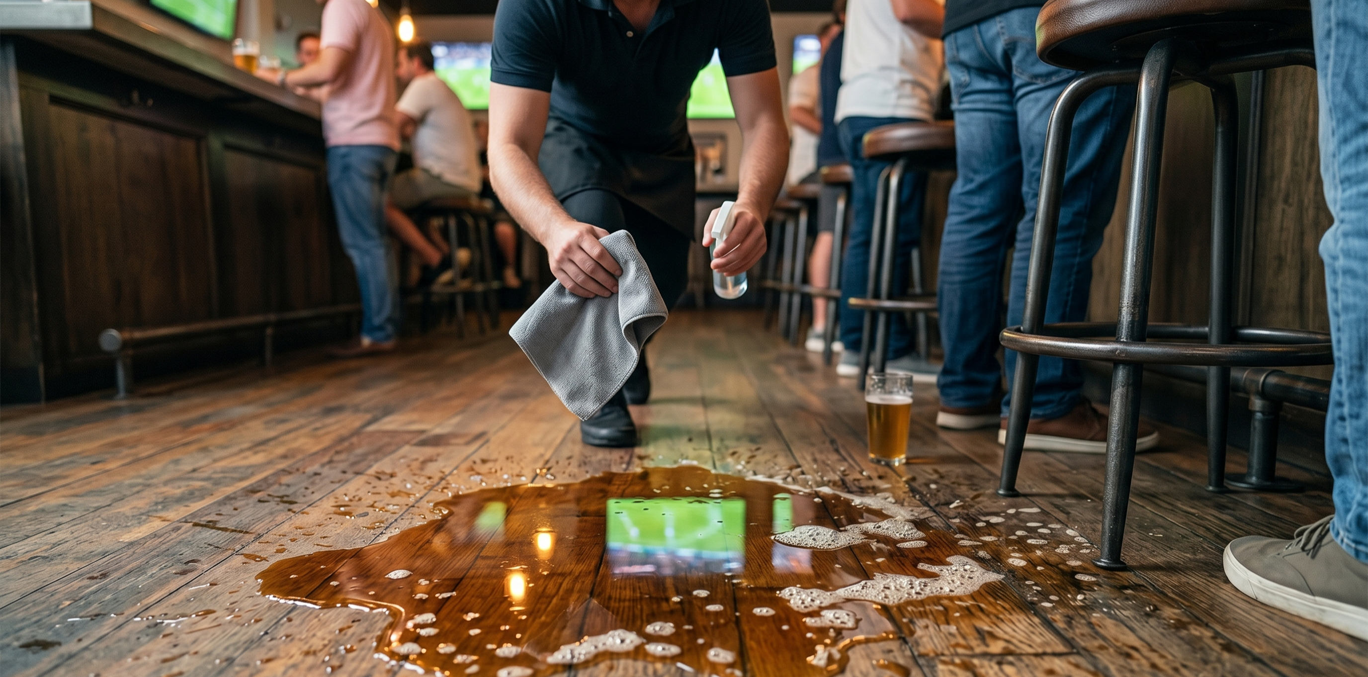 Spilled drink on a crowded sports bar floor creating a slip hazard