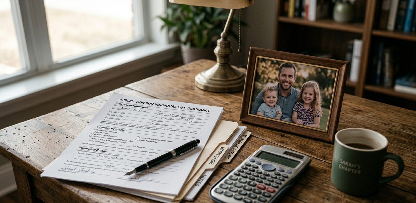 Life insurance paperwork next to a calculator and family photo