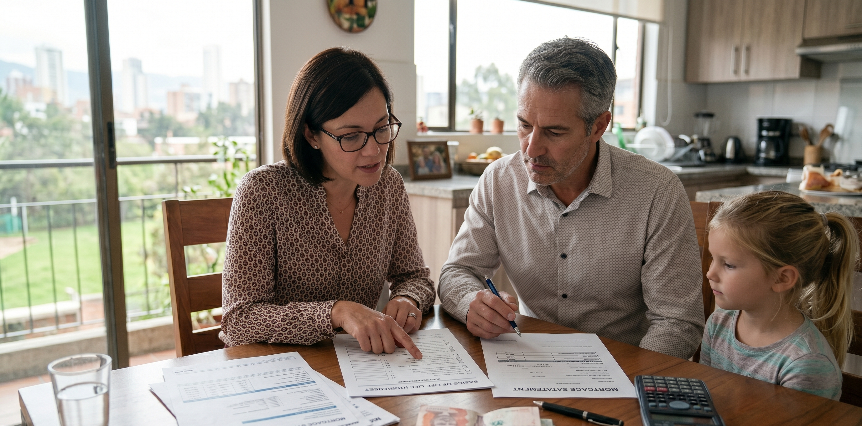 Family reviewing bills and estimating life insurance needs at home