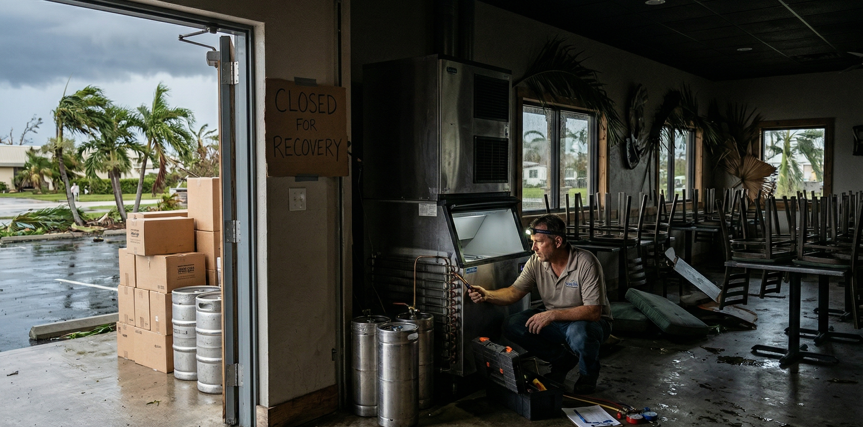 Florida restaurant facing storm-related interruption during a weak economy, illustrating business interruption risks in a recession