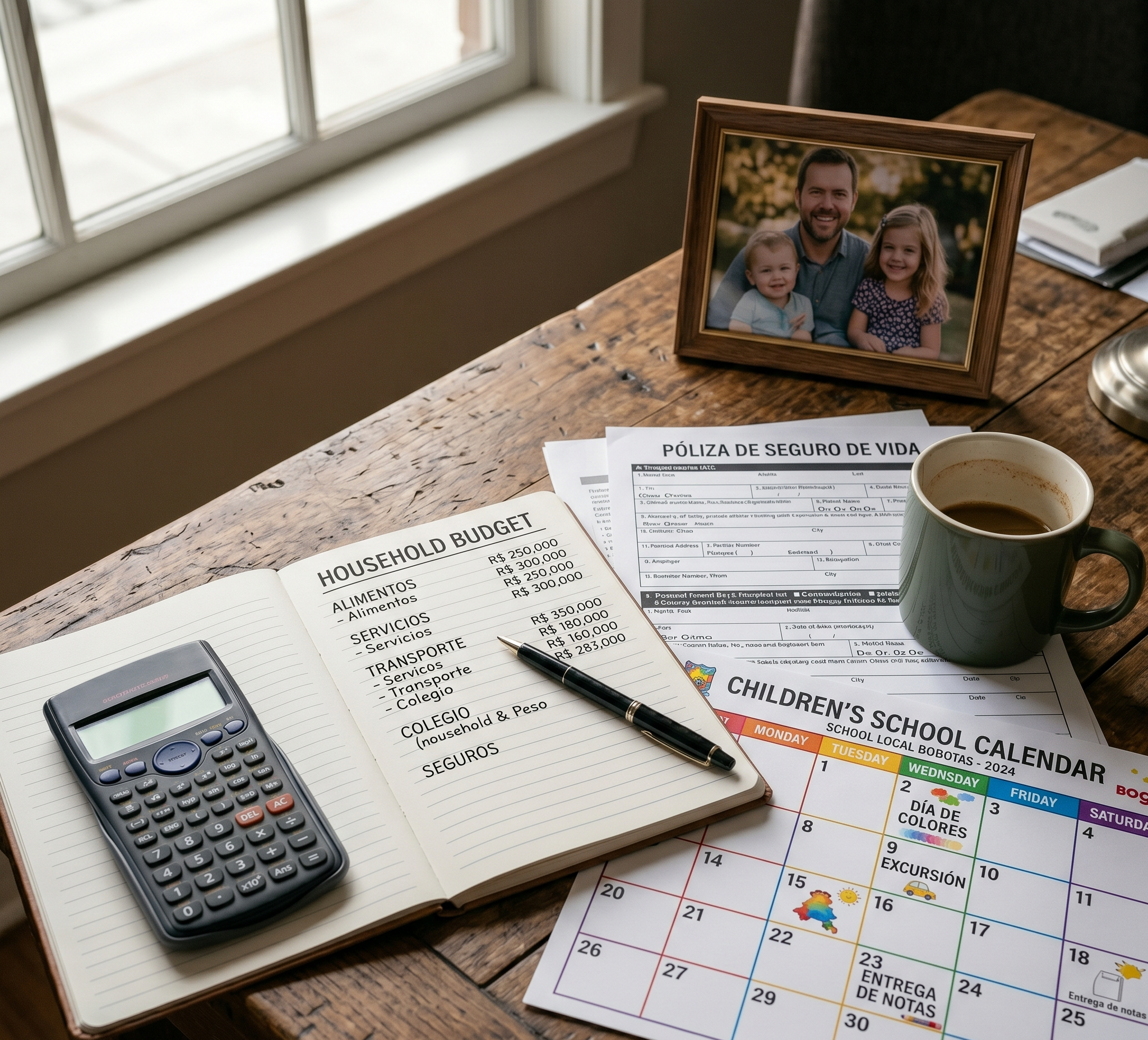Household budget documents next to insurance paperwork and a calculator