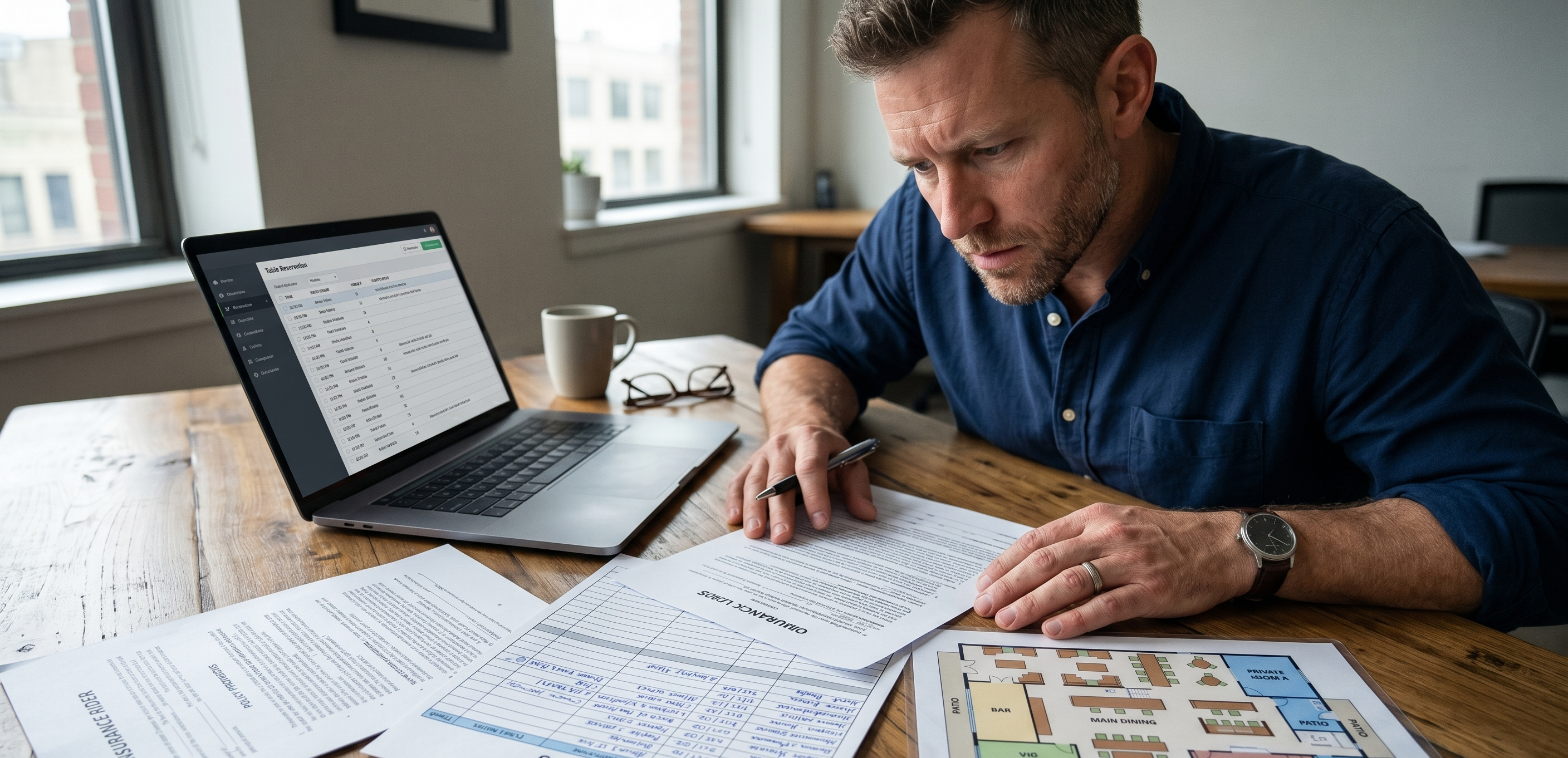 Restaurant manager reviewing insurance and staffing plans before a major event