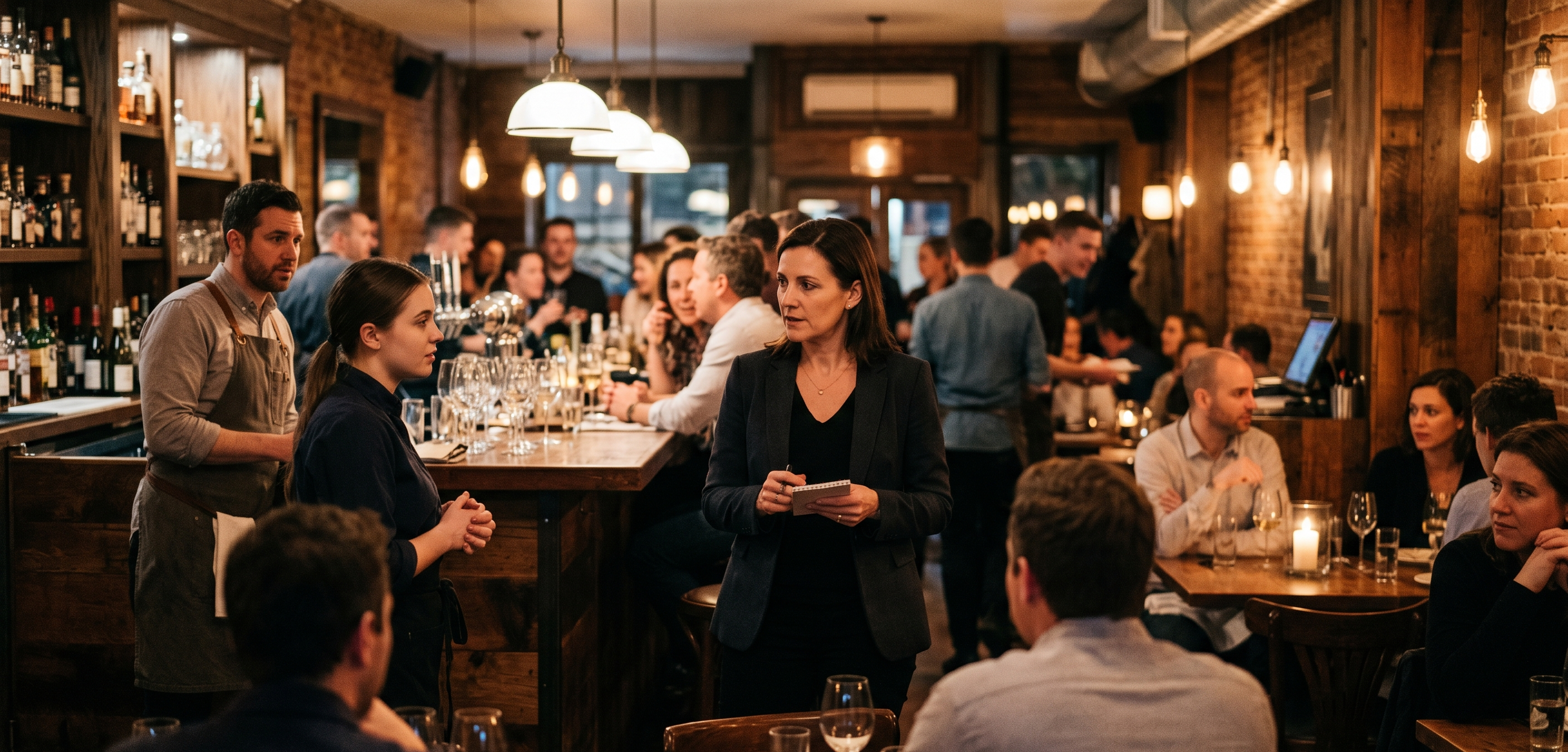 Restaurant manager coordinating staff after an incident in a crowded bar