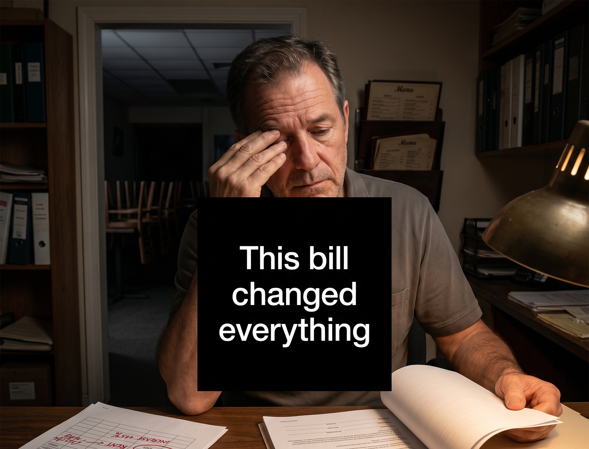 Restaurant owner comparing insurance renewal papers with weekly sales numbers