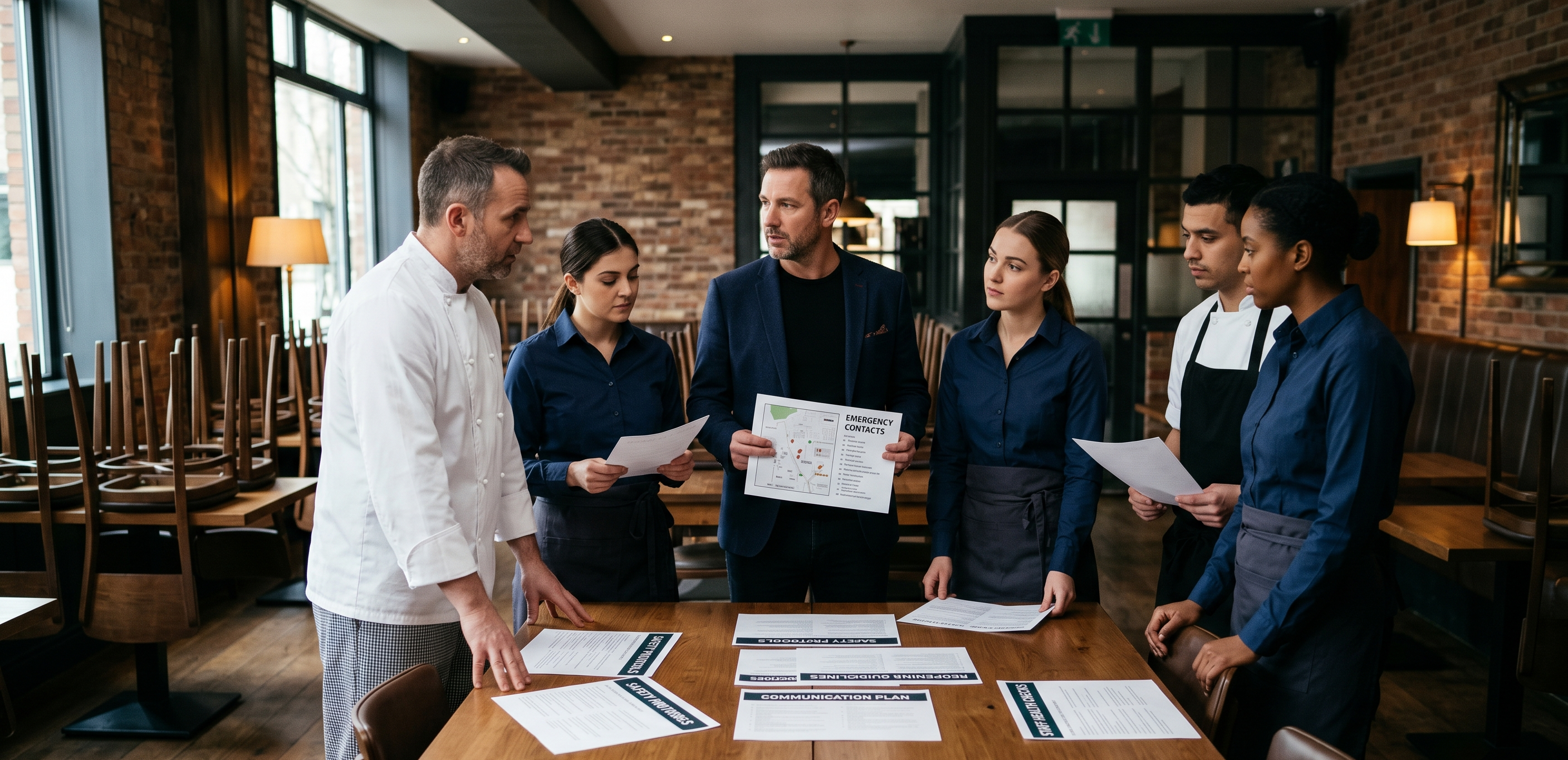 Restaurant staff reviewing reopening and safety plans in a closed dining room