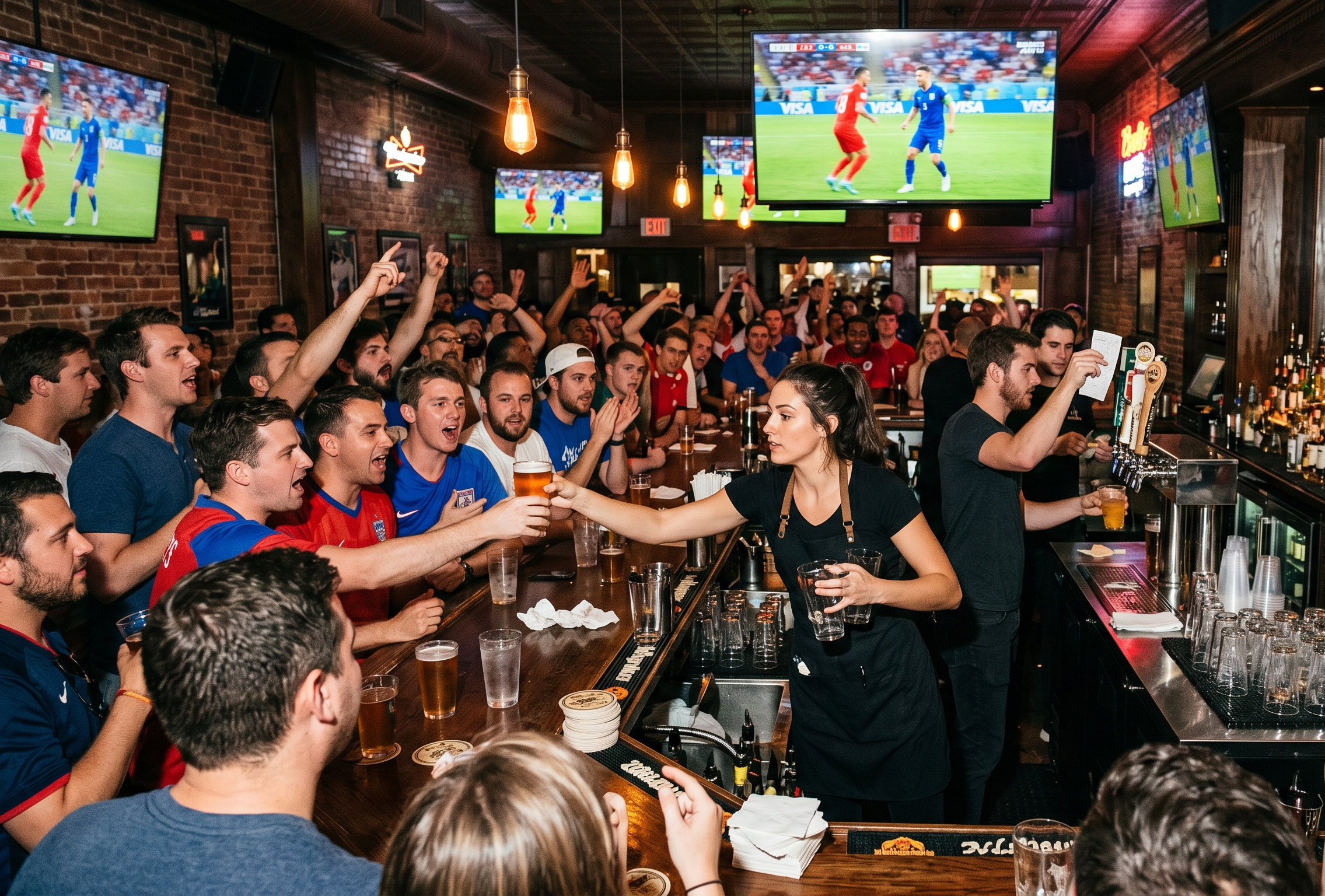 Bartenders managing alcohol service in a crowded sports bar