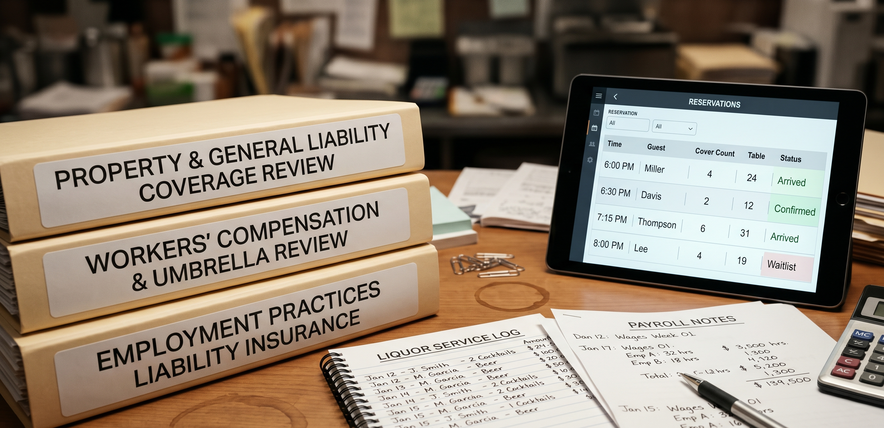 Restaurant insurance review materials beside restaurant operating documents