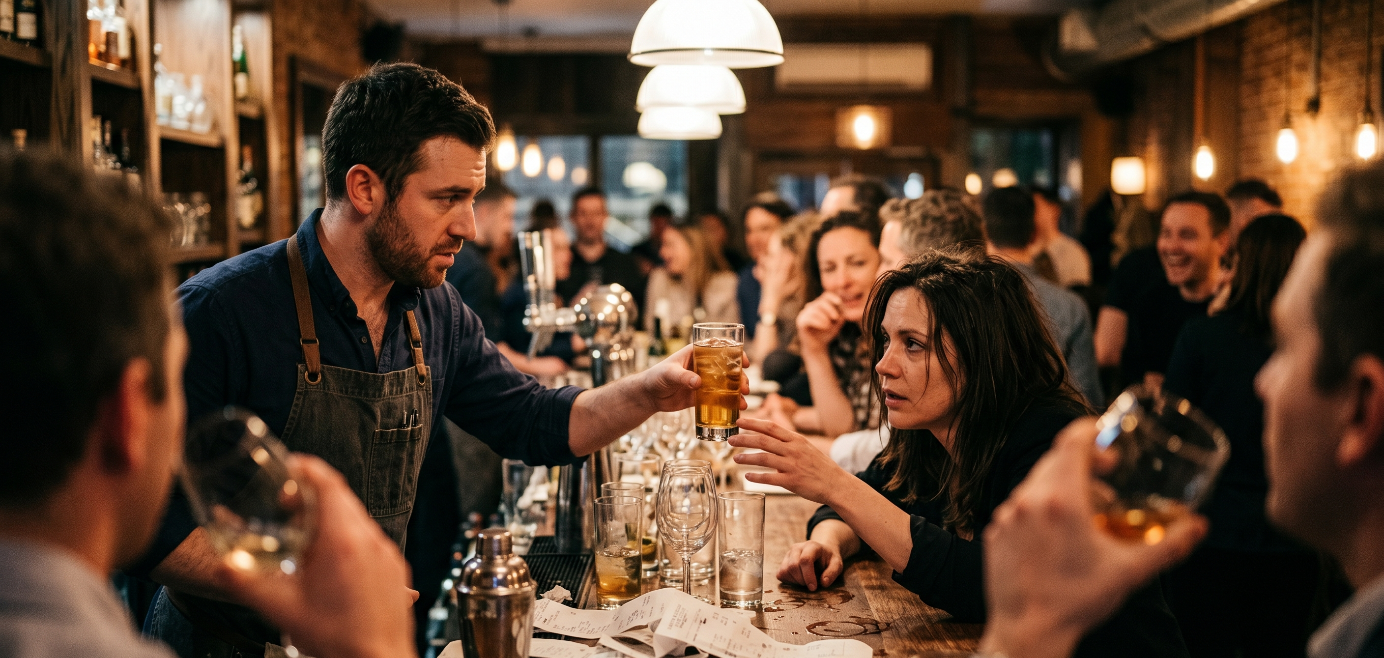 Bartender deciding whether to serve another drink in a busy bar