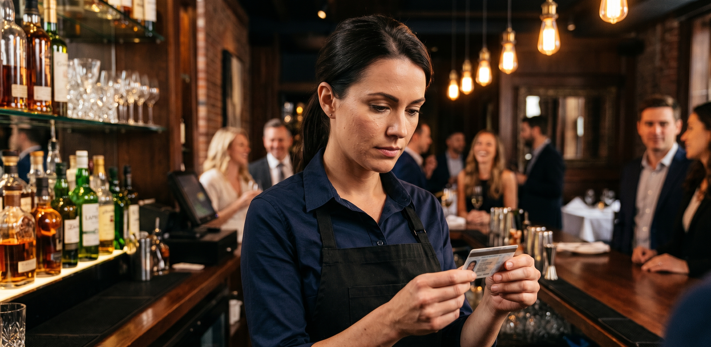 Bartender checking a guest’s ID in a busy restaurant bar