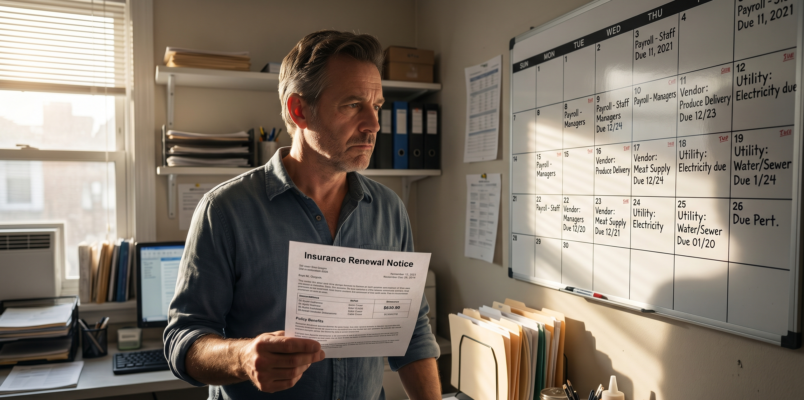 Restaurant owner reviewing an insurance renewal notice before opening