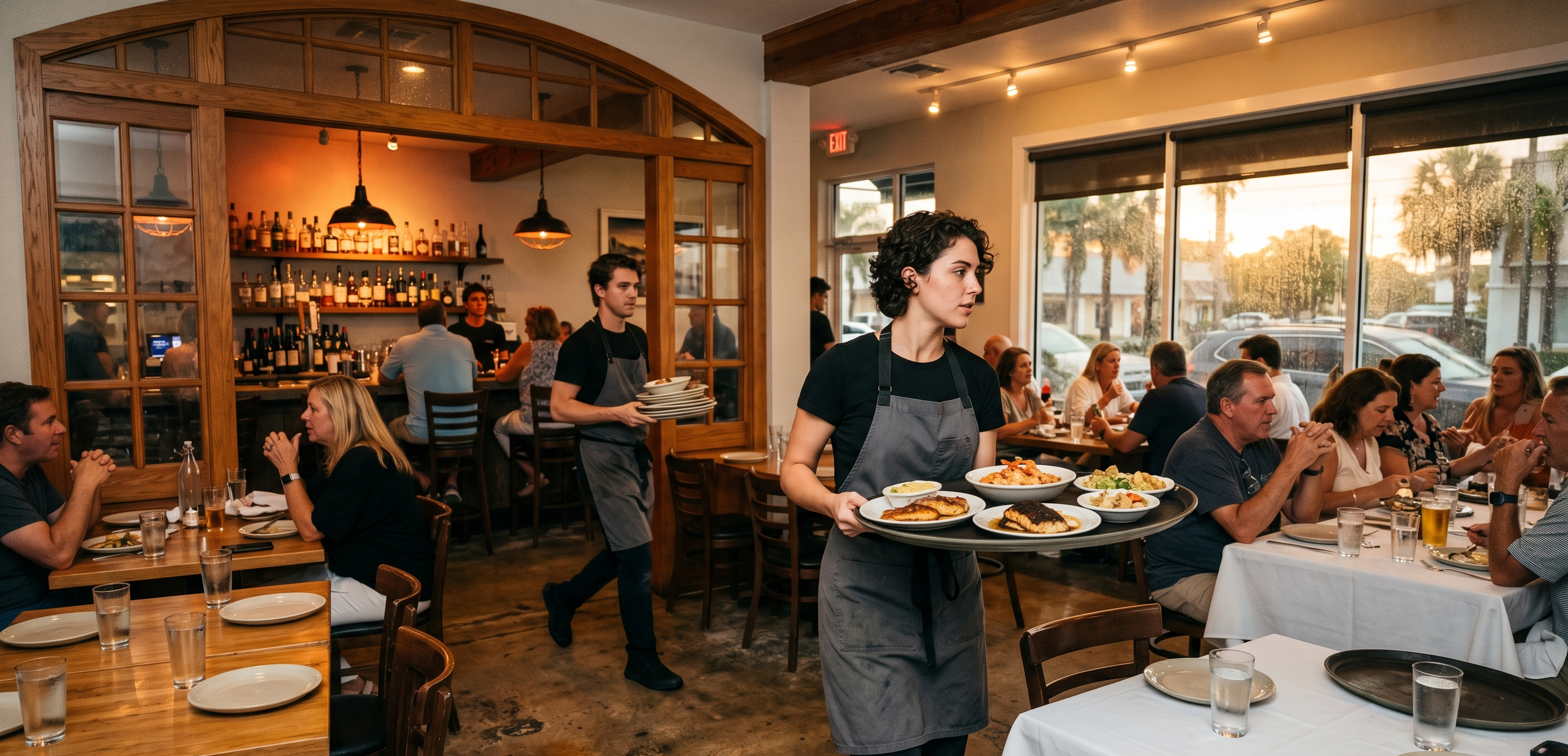 Busy Florida restaurant showing bar and dining room activity