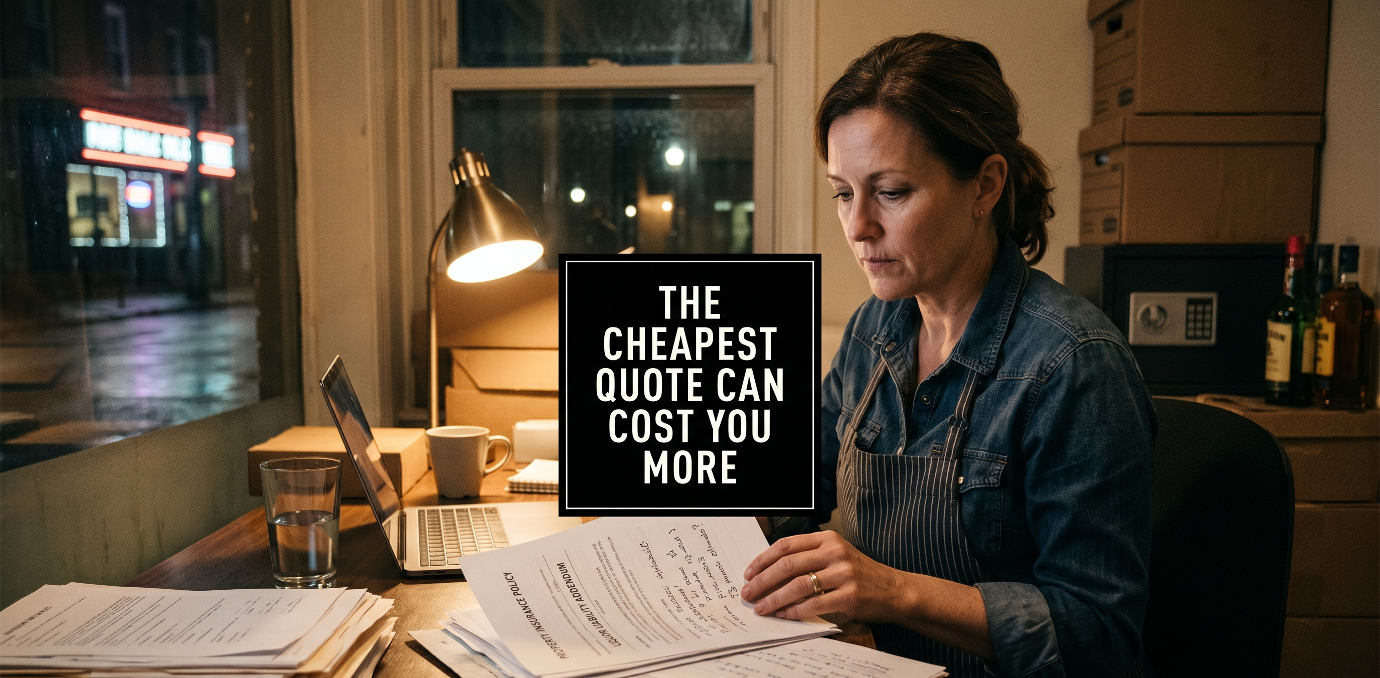 Restaurant owner reviewing insurance papers after hours