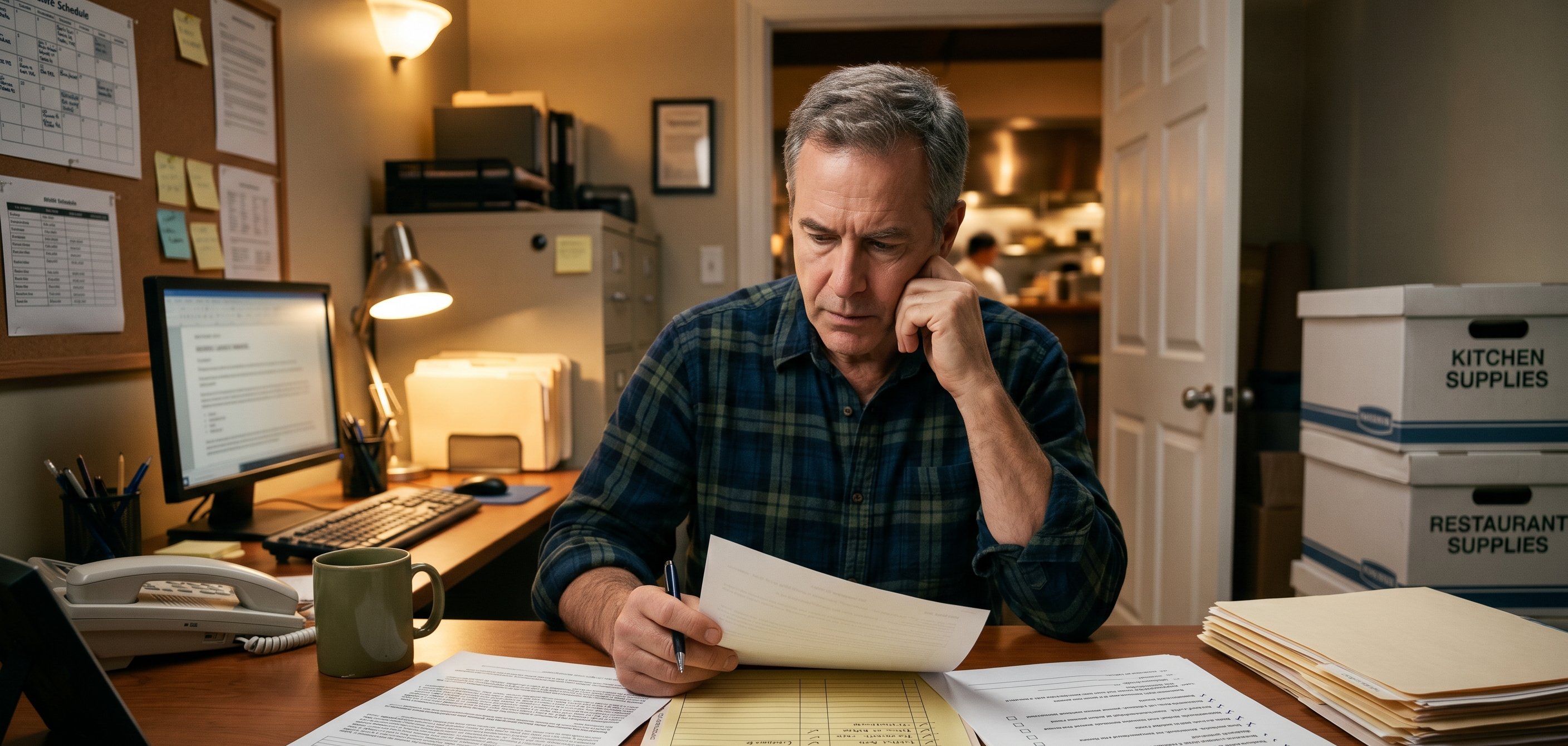 Restaurant owner reviewing training records and insurance documents