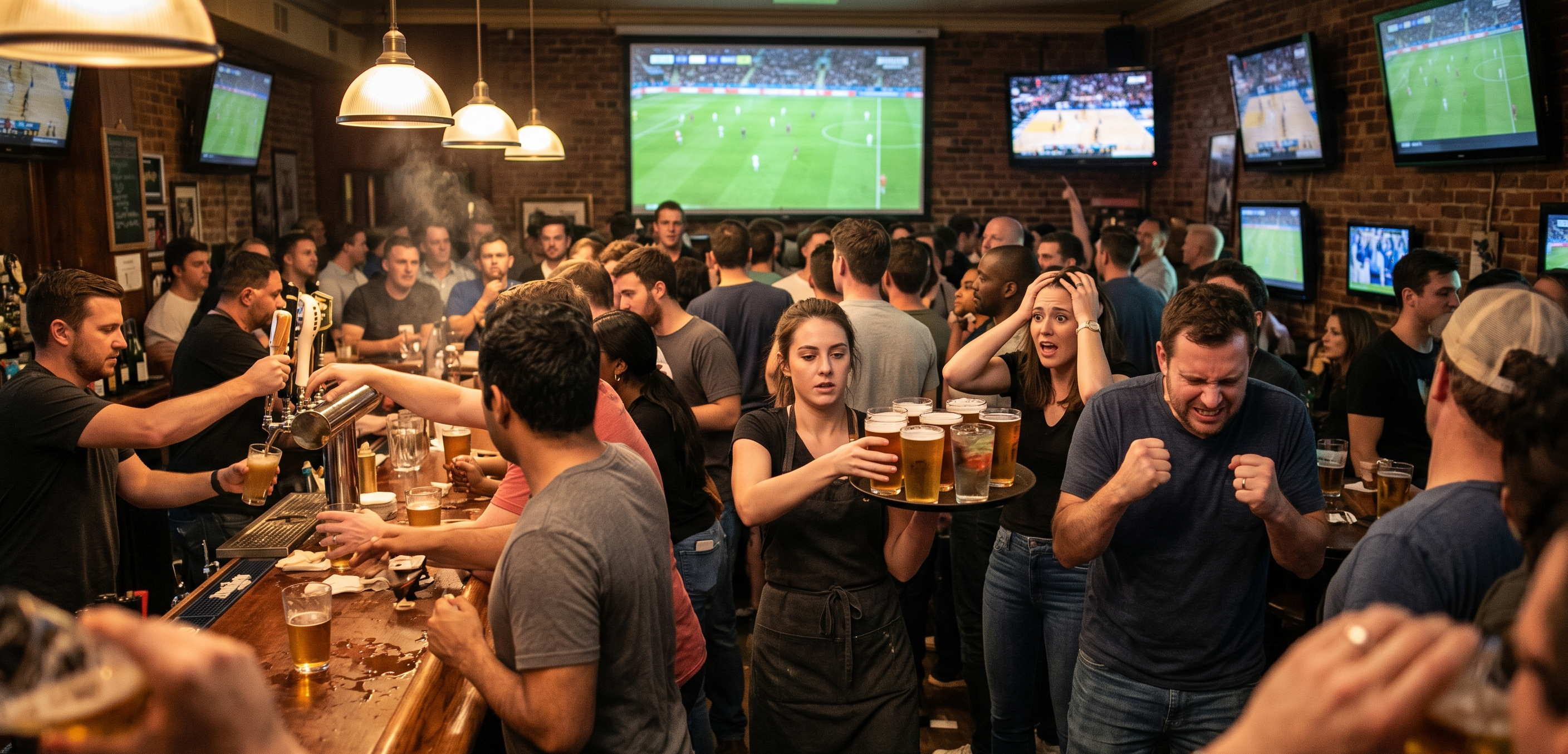 Packed sports bar during a record sales night with crowding near the bar and screens