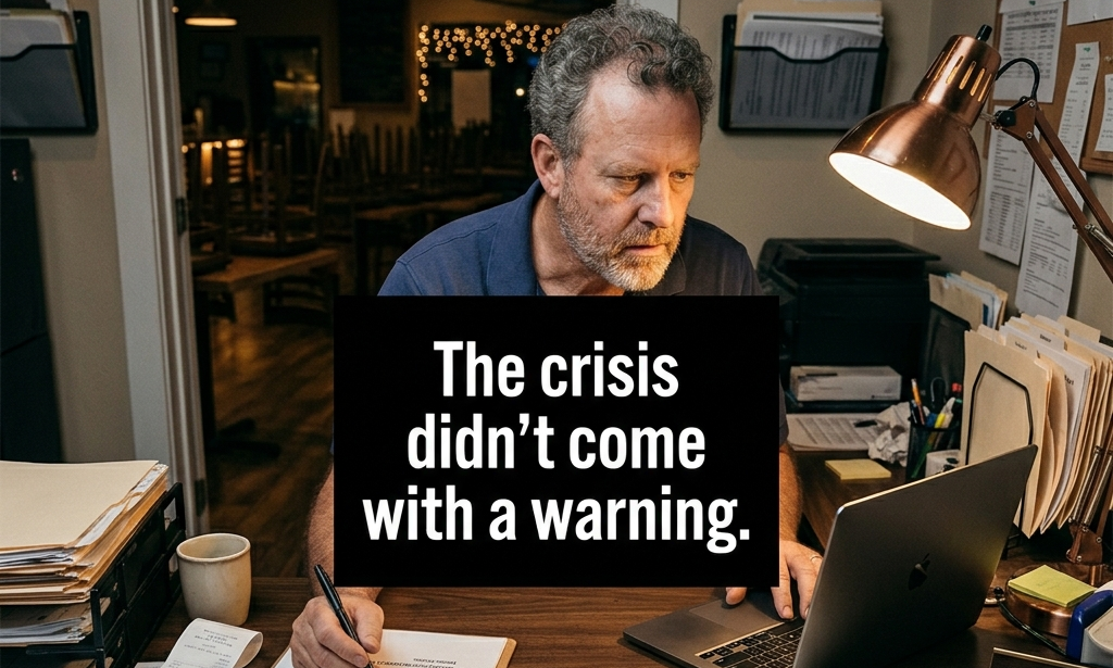 Restaurant manager reviewing a continuity checklist during an outage and cyber scare