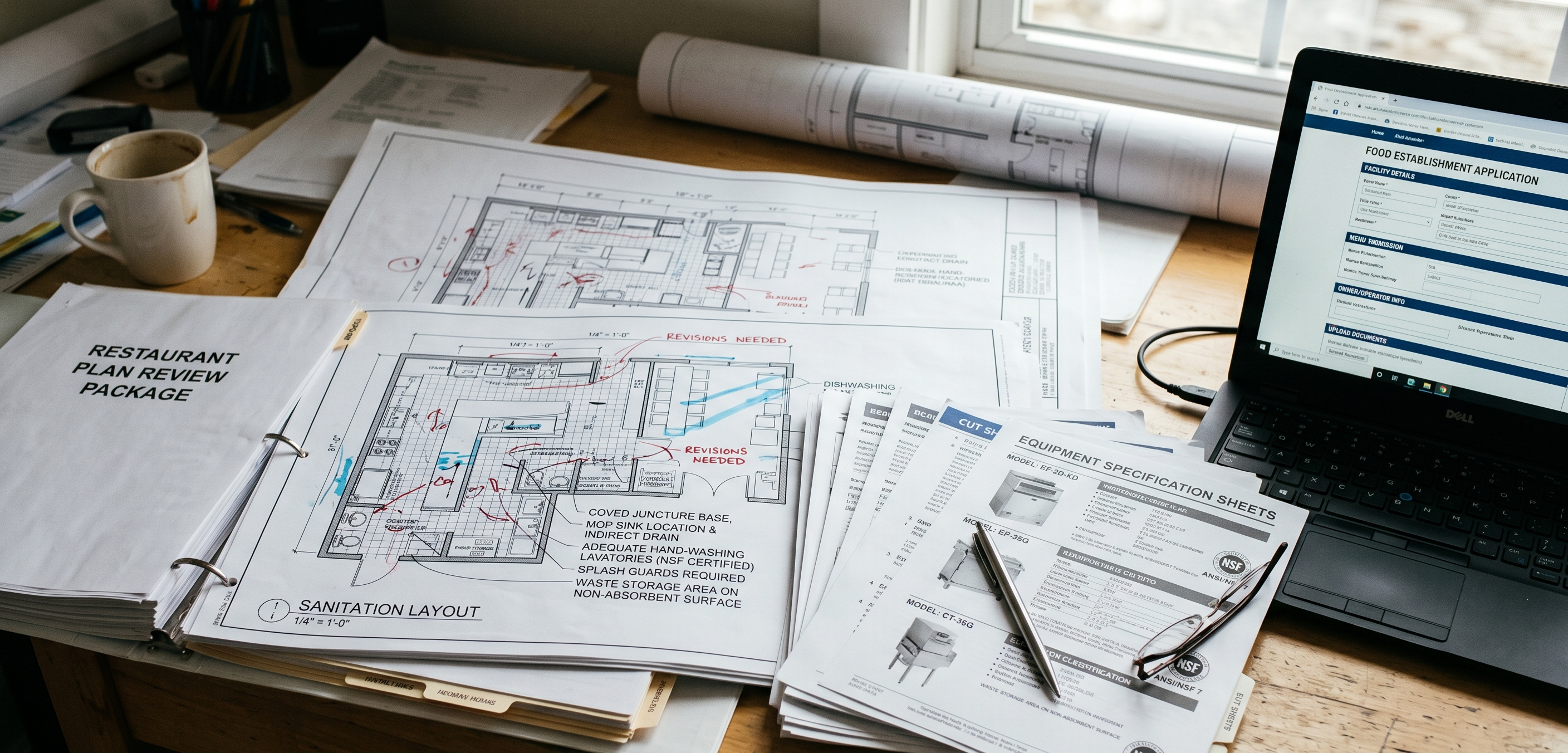 Restaurant plan review documents with scaled drawings and equipment notes